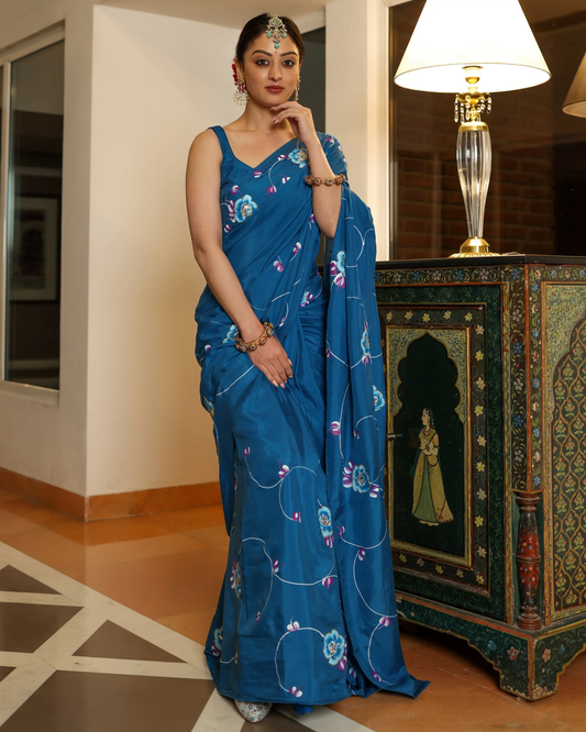 Galaxy Blue Handpainted Silk Saree My Store