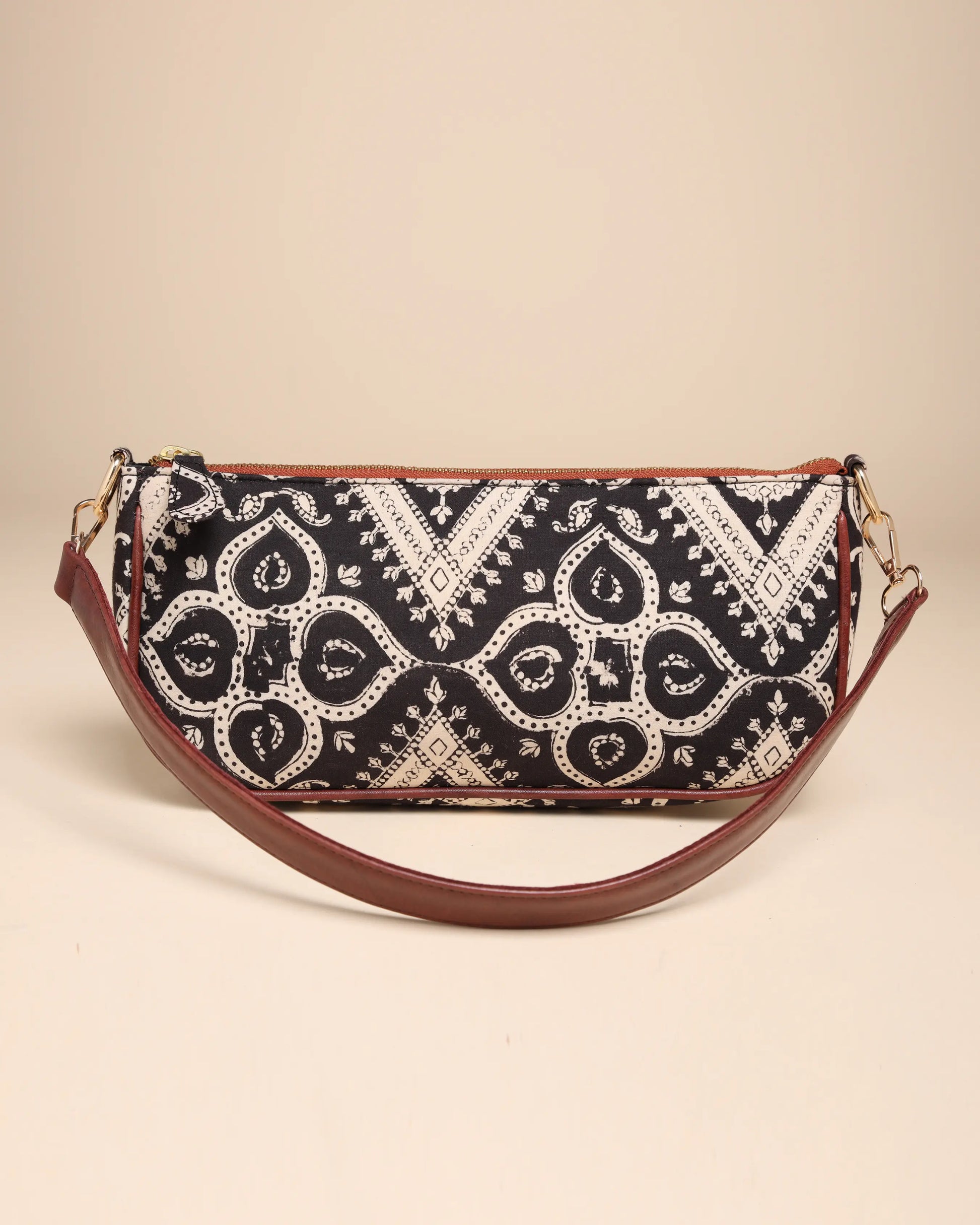 Sable Black Cotton Blockprinted Mini Baguette Bag My Store