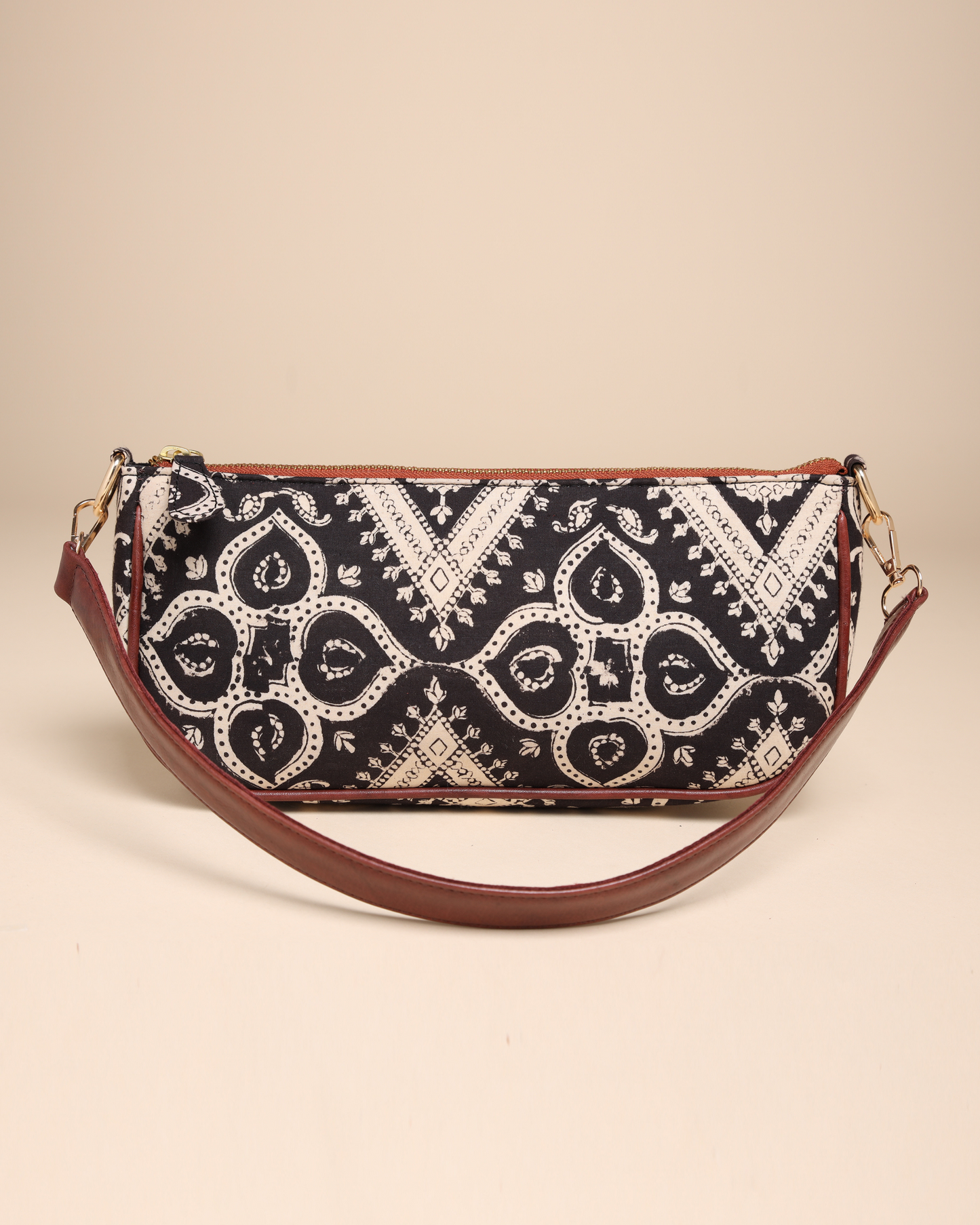 Sable Black Cotton Blockprinted Mini Baguette Bag Quick Cart