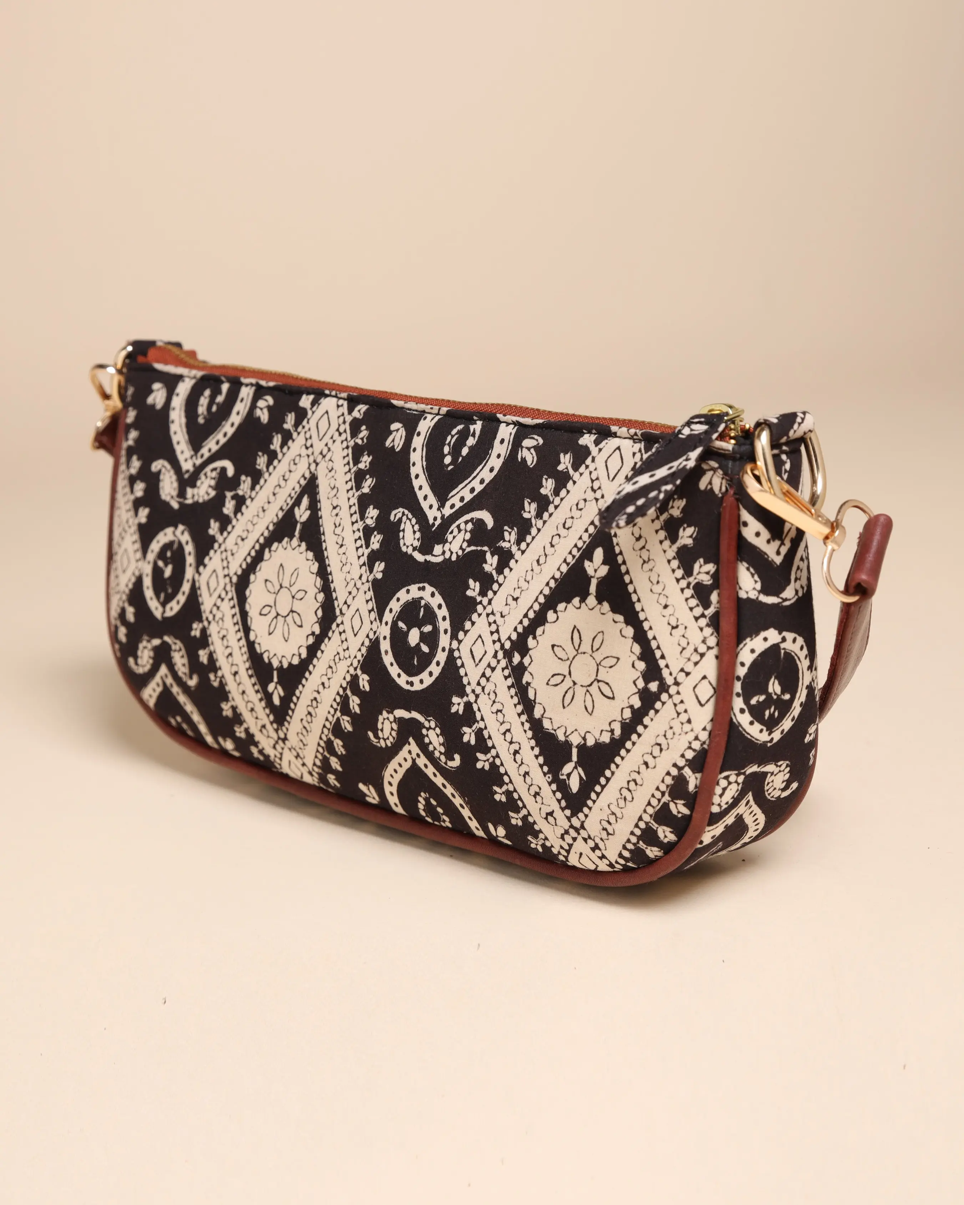 Sable Black Cotton Blockprinted Mini Baguette Bag My Store