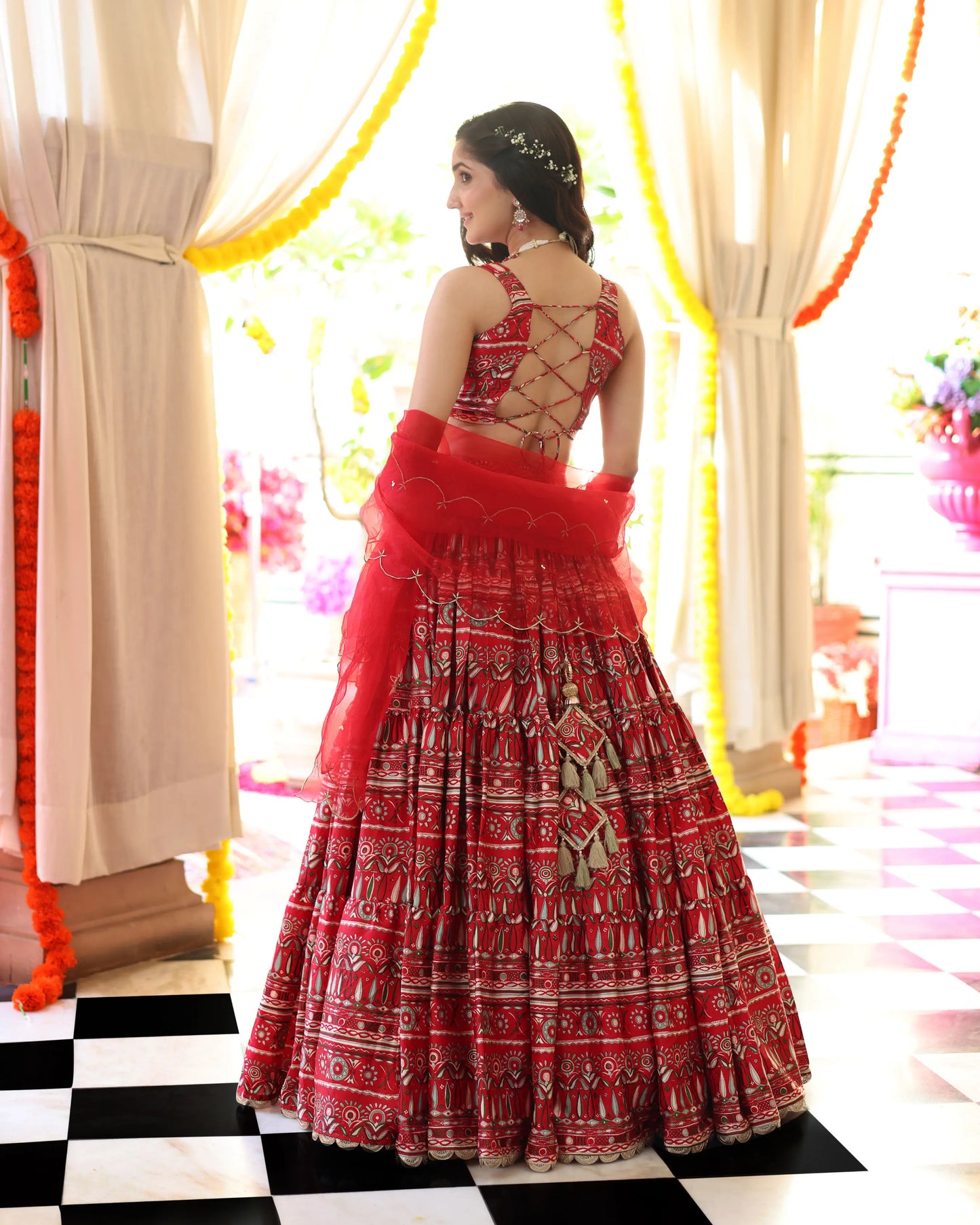 Red Hibiscus Haven Printed Satin Lehenga Set My Store