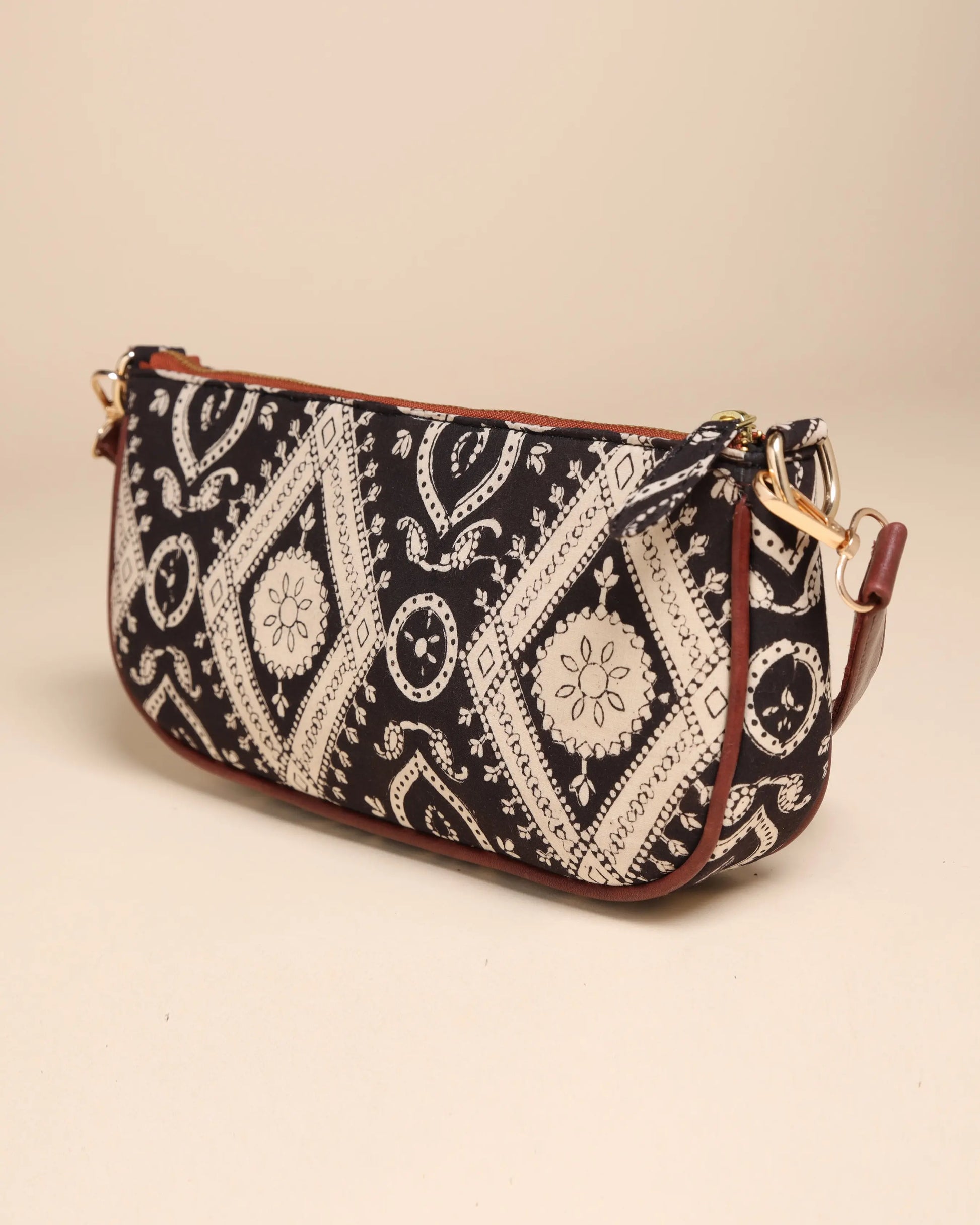 Sable Black Cotton Blockprinted Mini Baguette Bag My Store