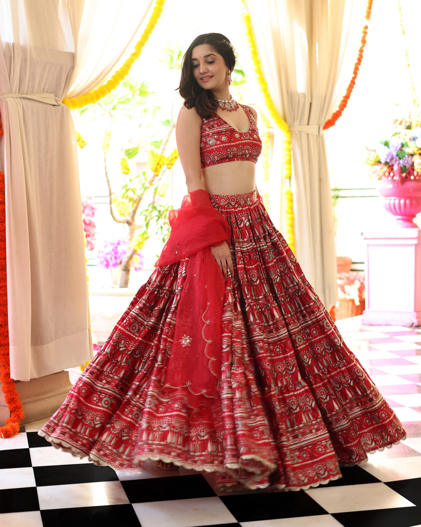 Red Hibiscus Haven Printed Satin Lehenga Set Quick Cart