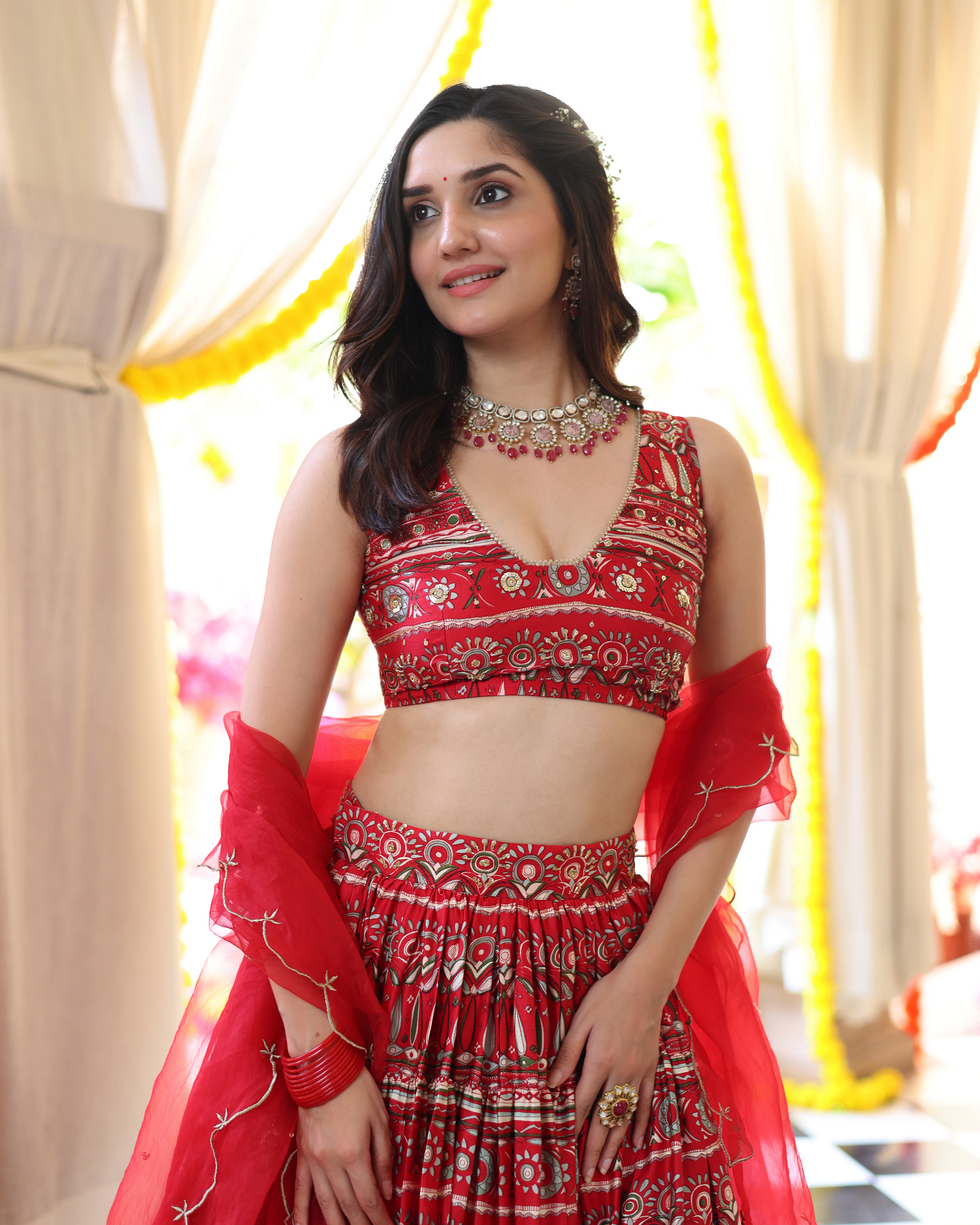 Red Hibiscus Haven Printed Satin Lehenga Set Quick Cart