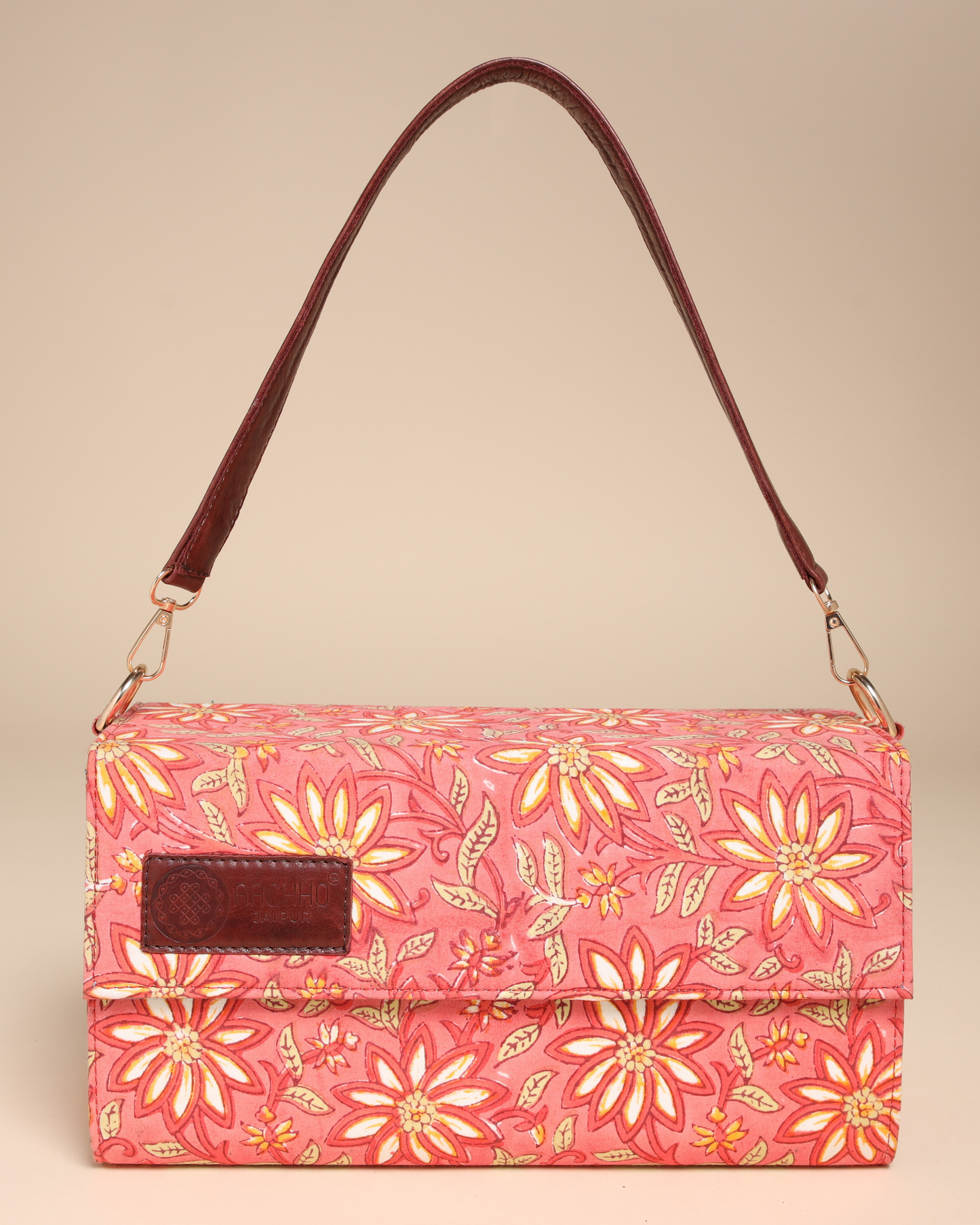 Peach Floral Handblock Printed Satchel Bag Quick Cart