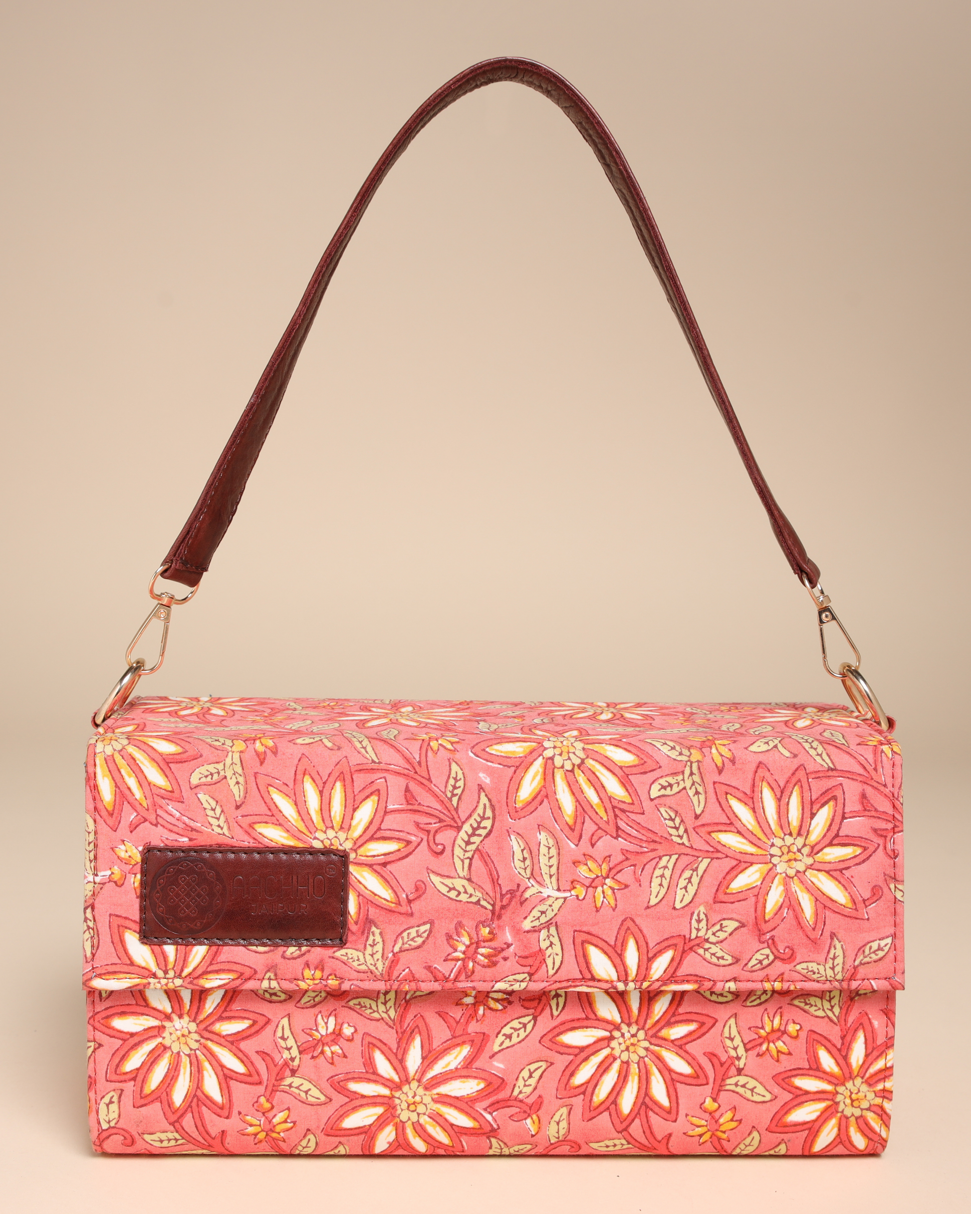 Peach Floral Handblock Printed Satchel Bag Quick Cart