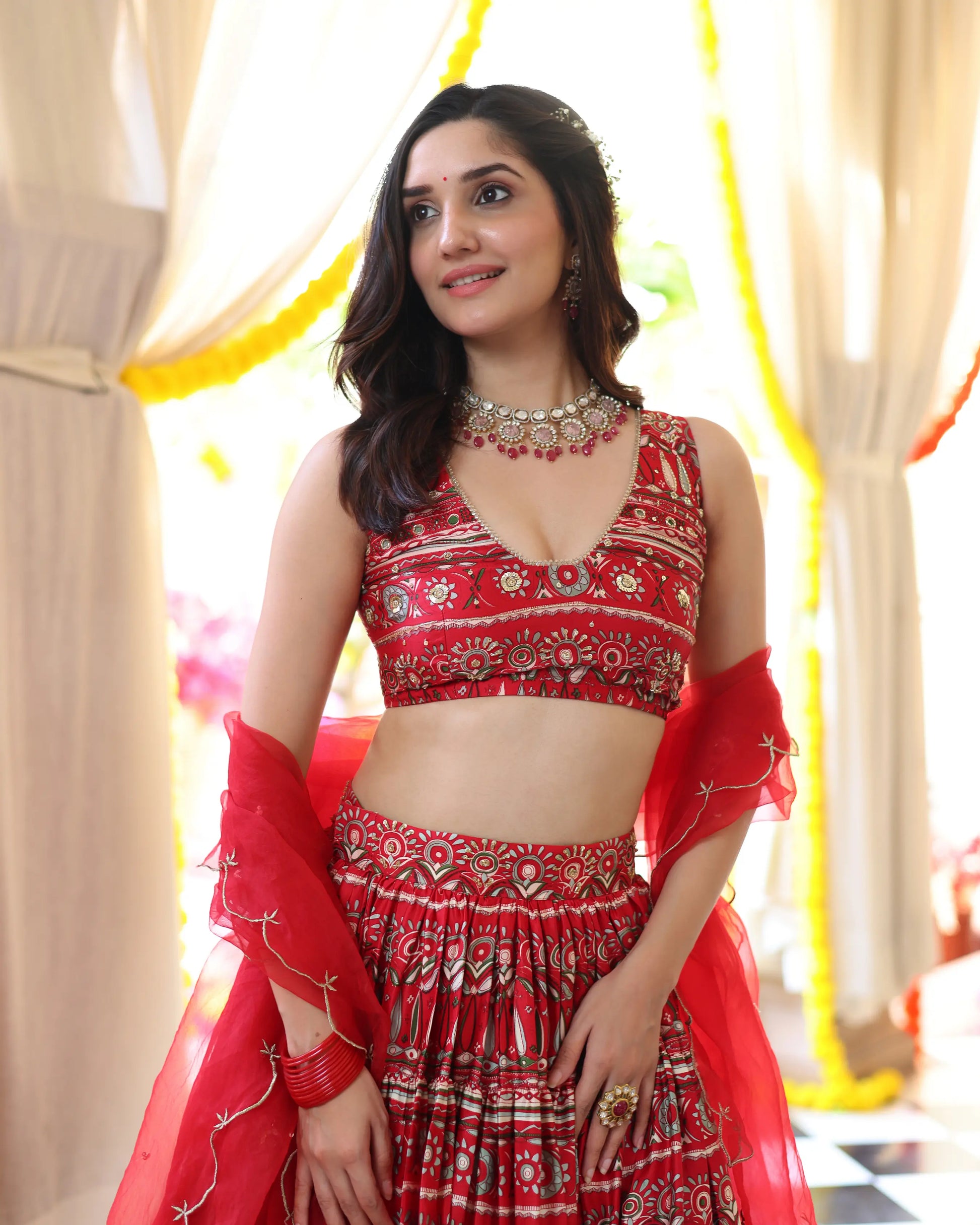 Red Hibiscus Haven Printed Satin Lehenga Set My Store