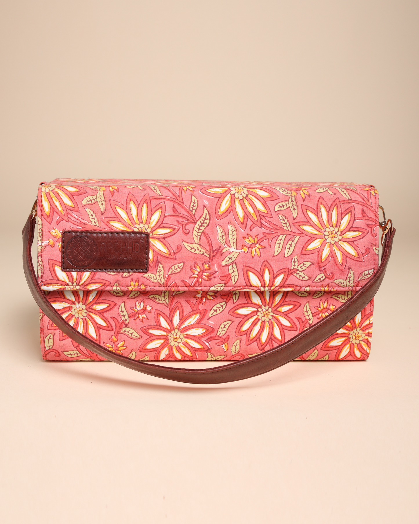 Peach Floral Handblock Printed Satchel Bag Quick Cart