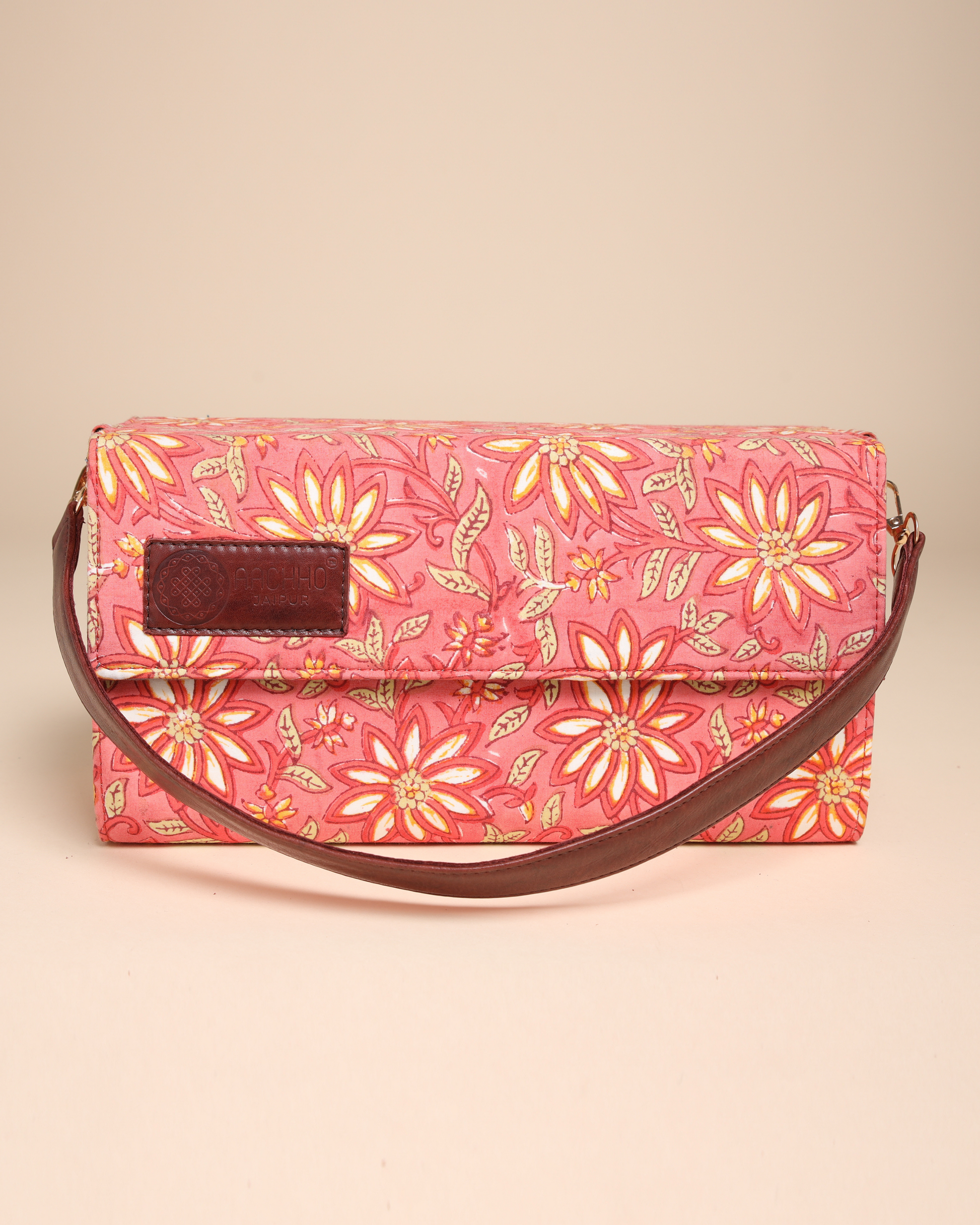 Peach Floral Handblock Printed Satchel Bag Quick Cart