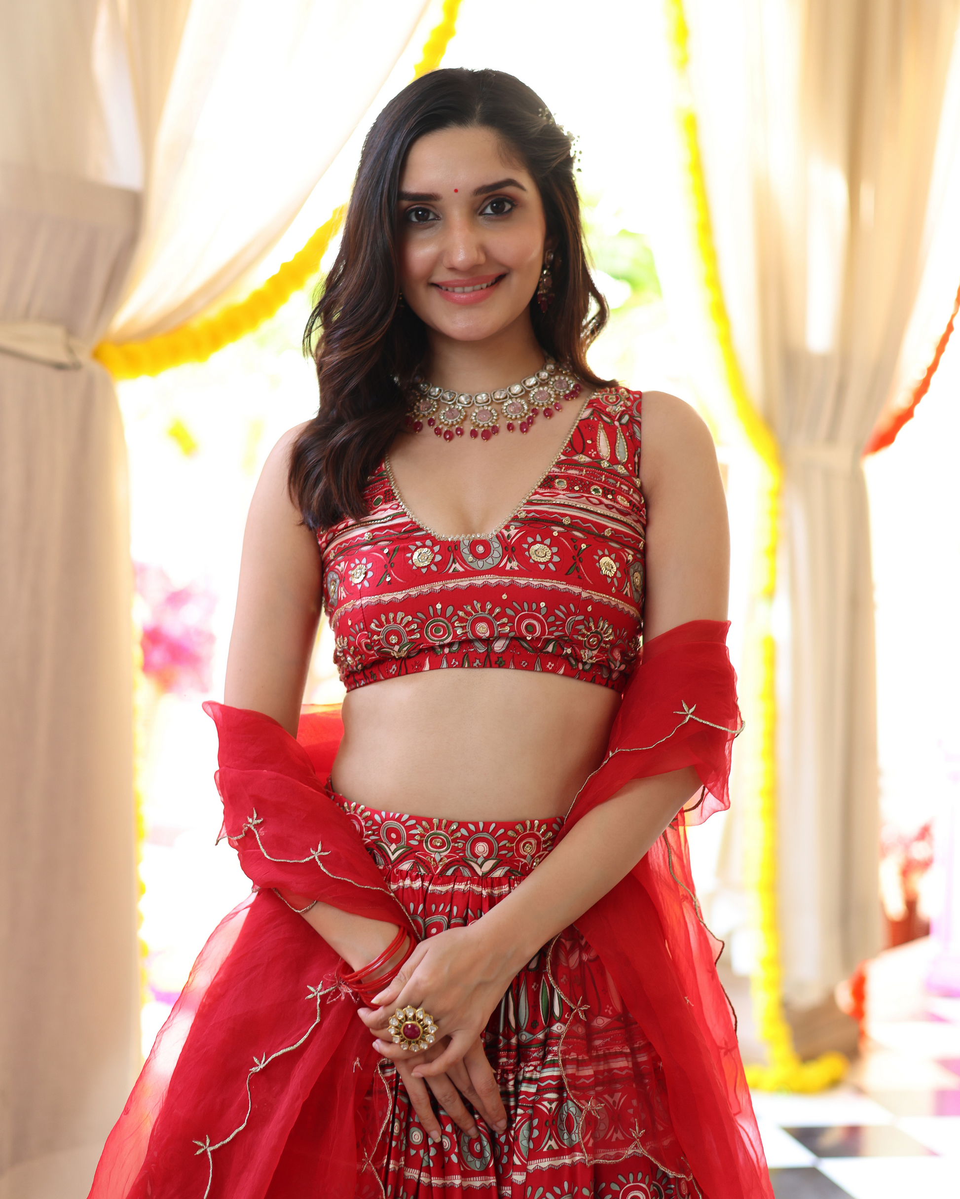 Red Hibiscus Haven Printed Satin Lehenga Set Quick Cart