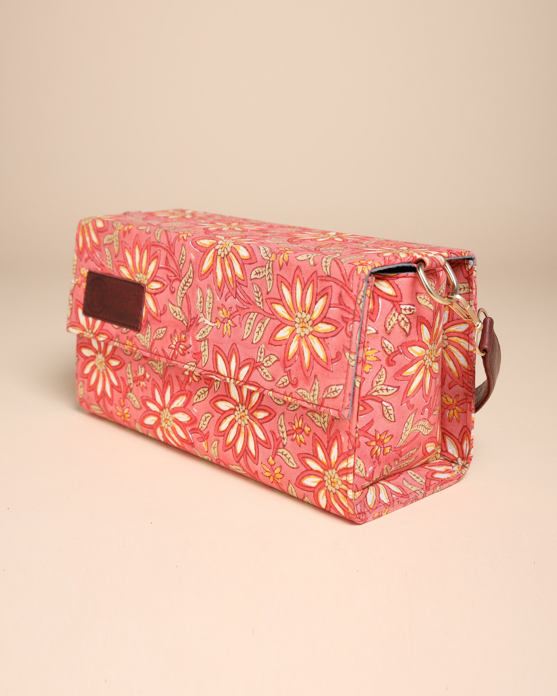 Peach Floral Handblock Printed Satchel Bag Quick Cart