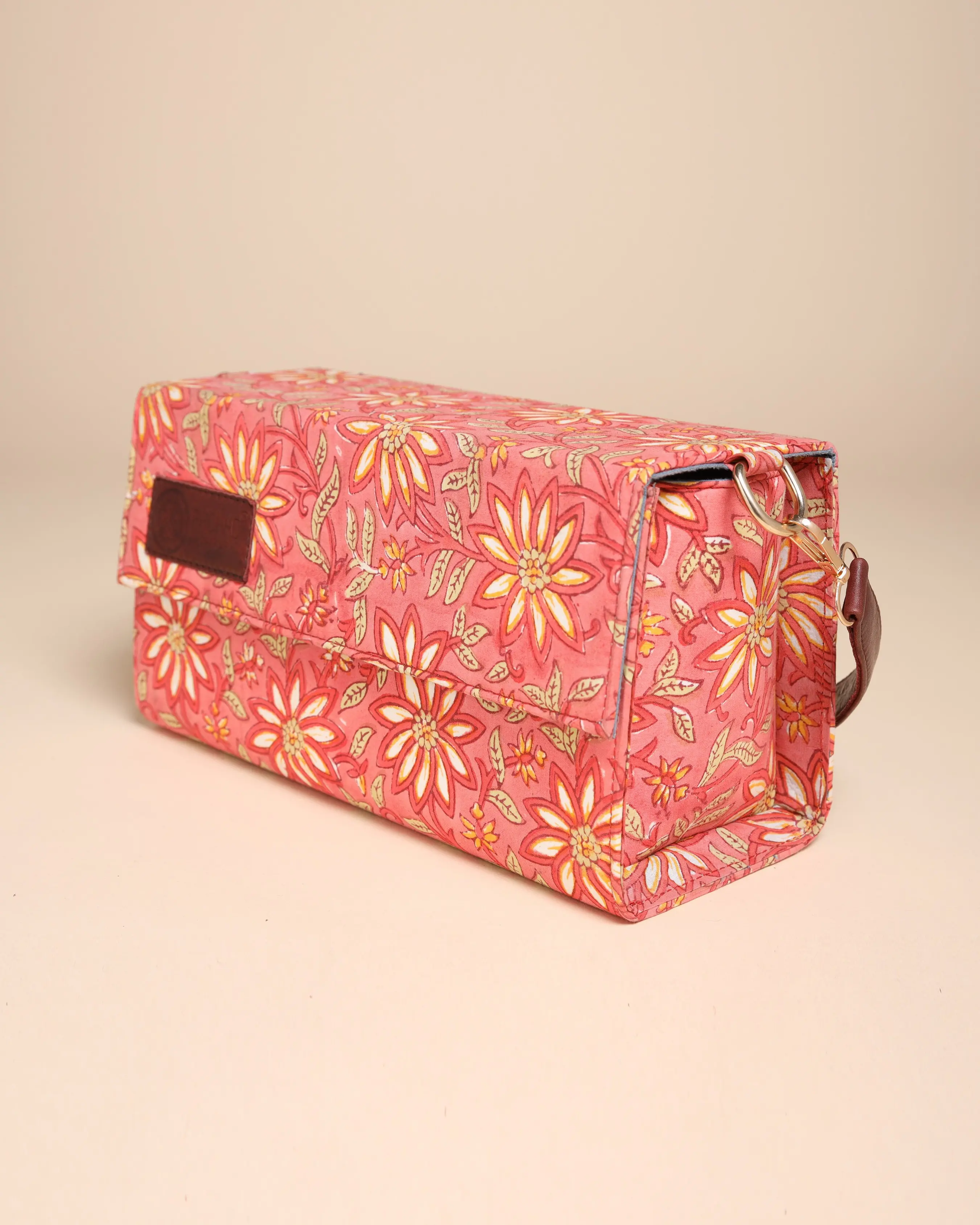 Peach Floral Handblock Printed Satchel Bag My Store