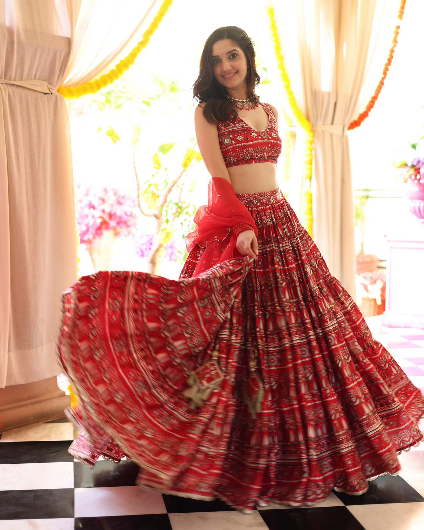 Red Hibiscus Haven Printed Satin Lehenga Set Quick Cart