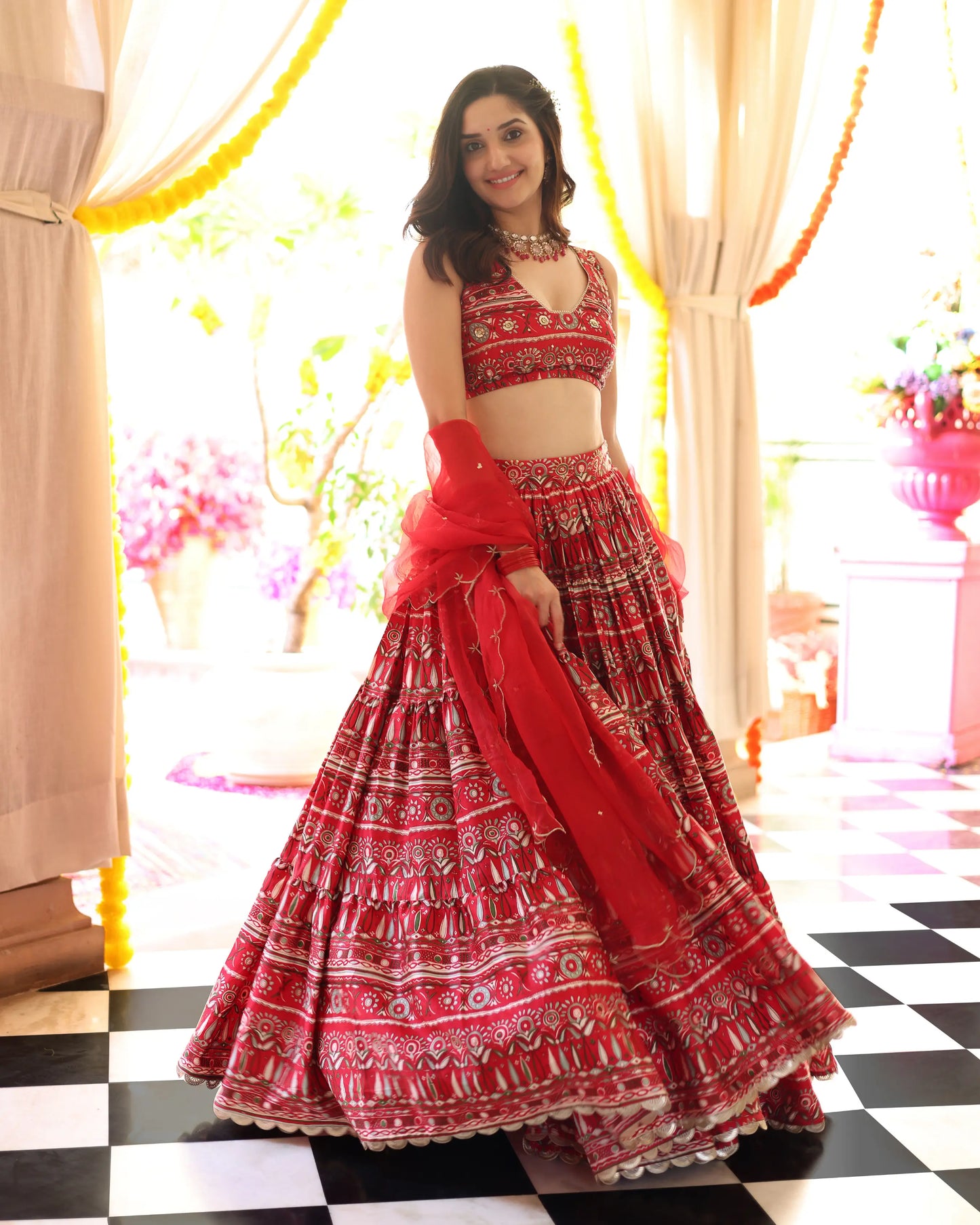 Red Hibiscus Haven Printed Satin Lehenga Set My Store