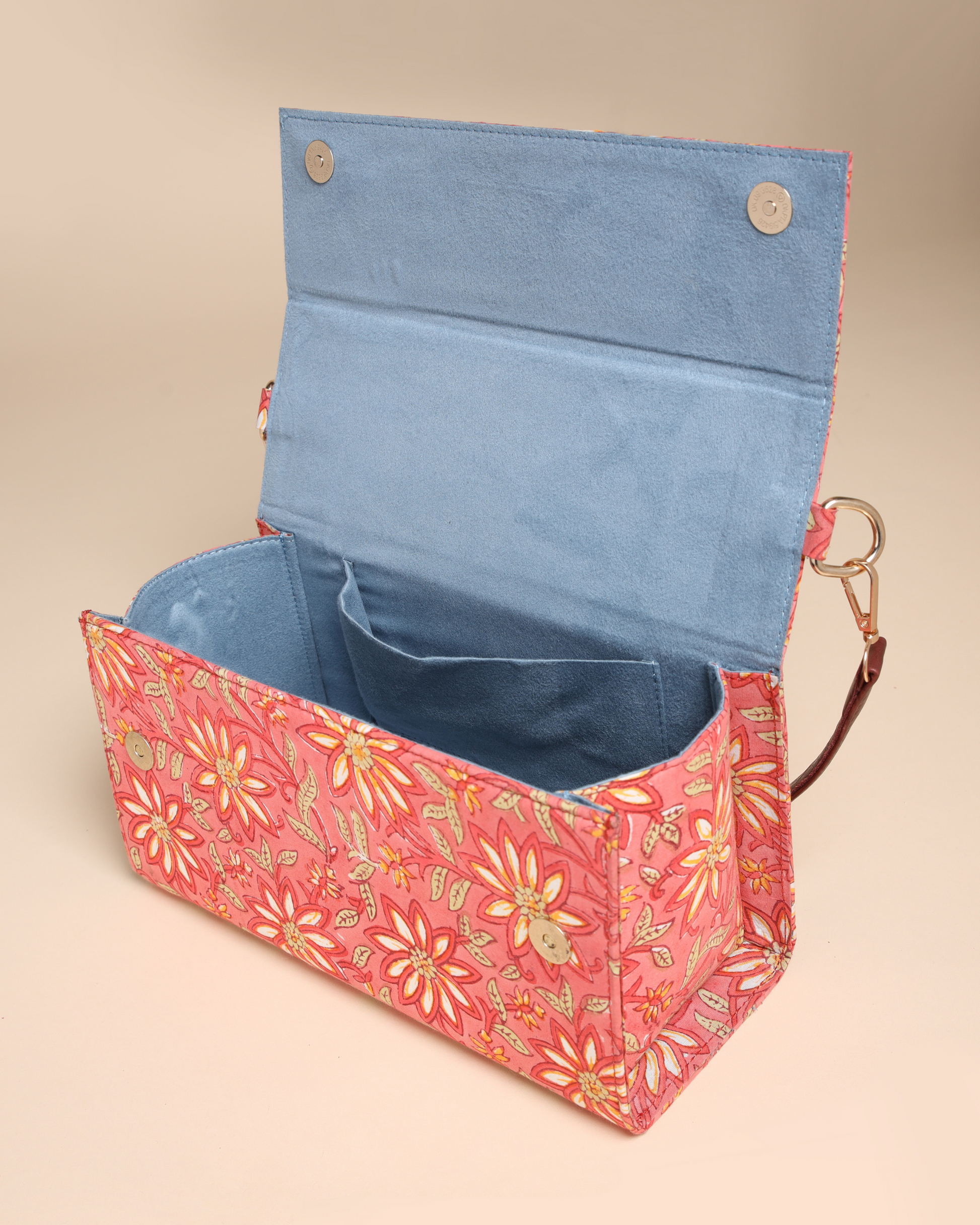 Peach Floral Handblock Printed Satchel Bag Quick Cart