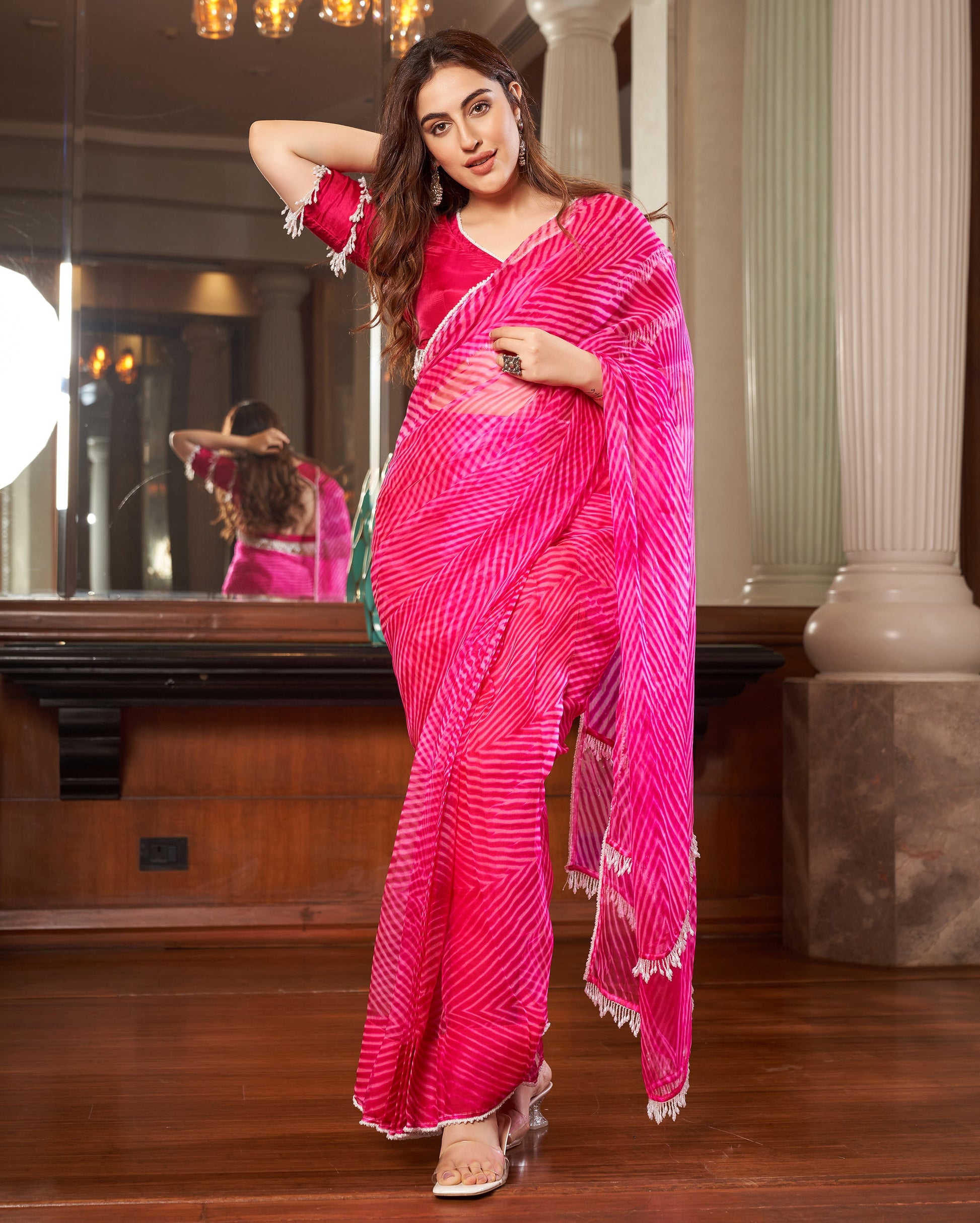 Sangam Pink Leheriya Organza Pre Draped Saree Quick Cart
