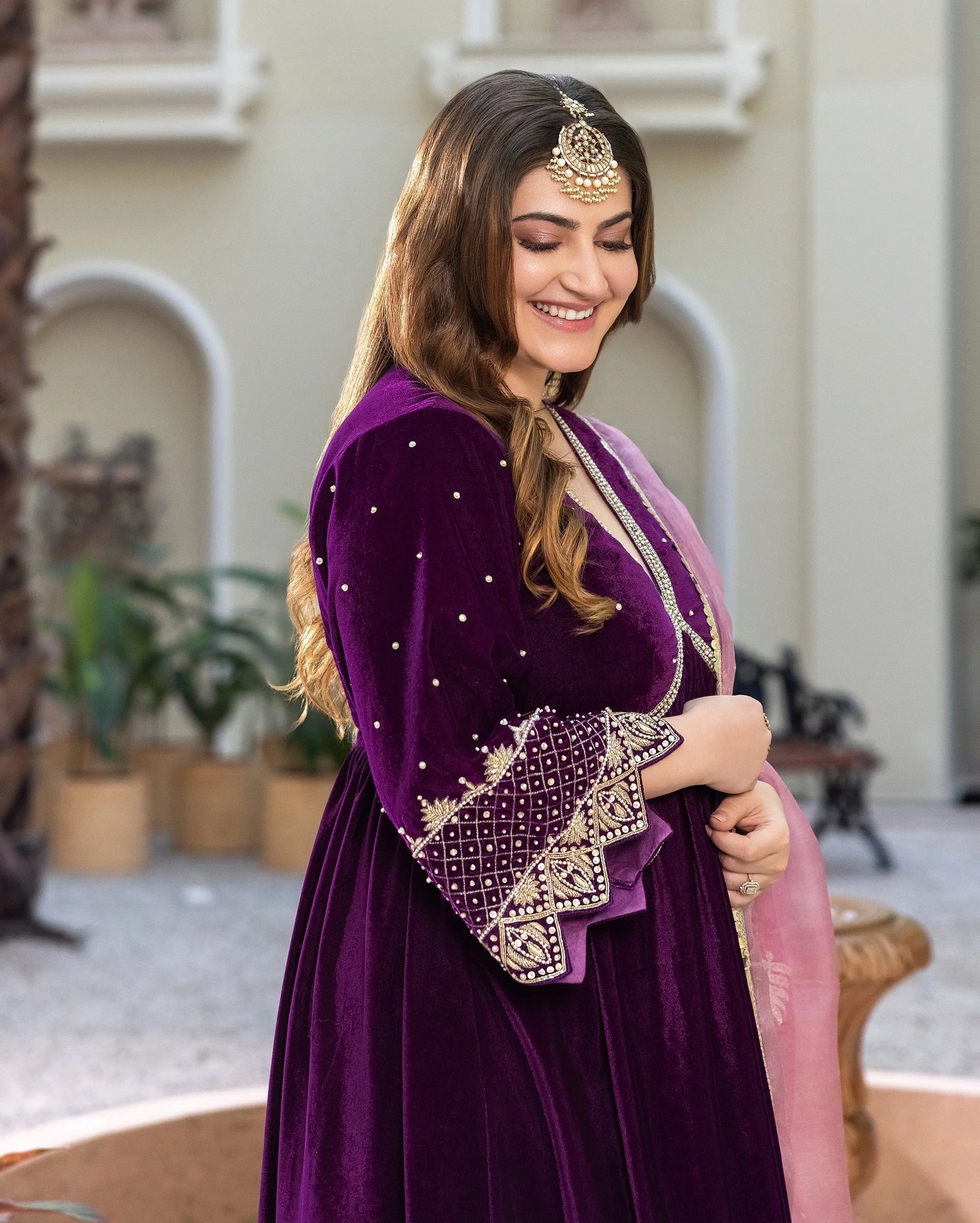 Jamni Purple Embroidered Velvet Suit Set My Store