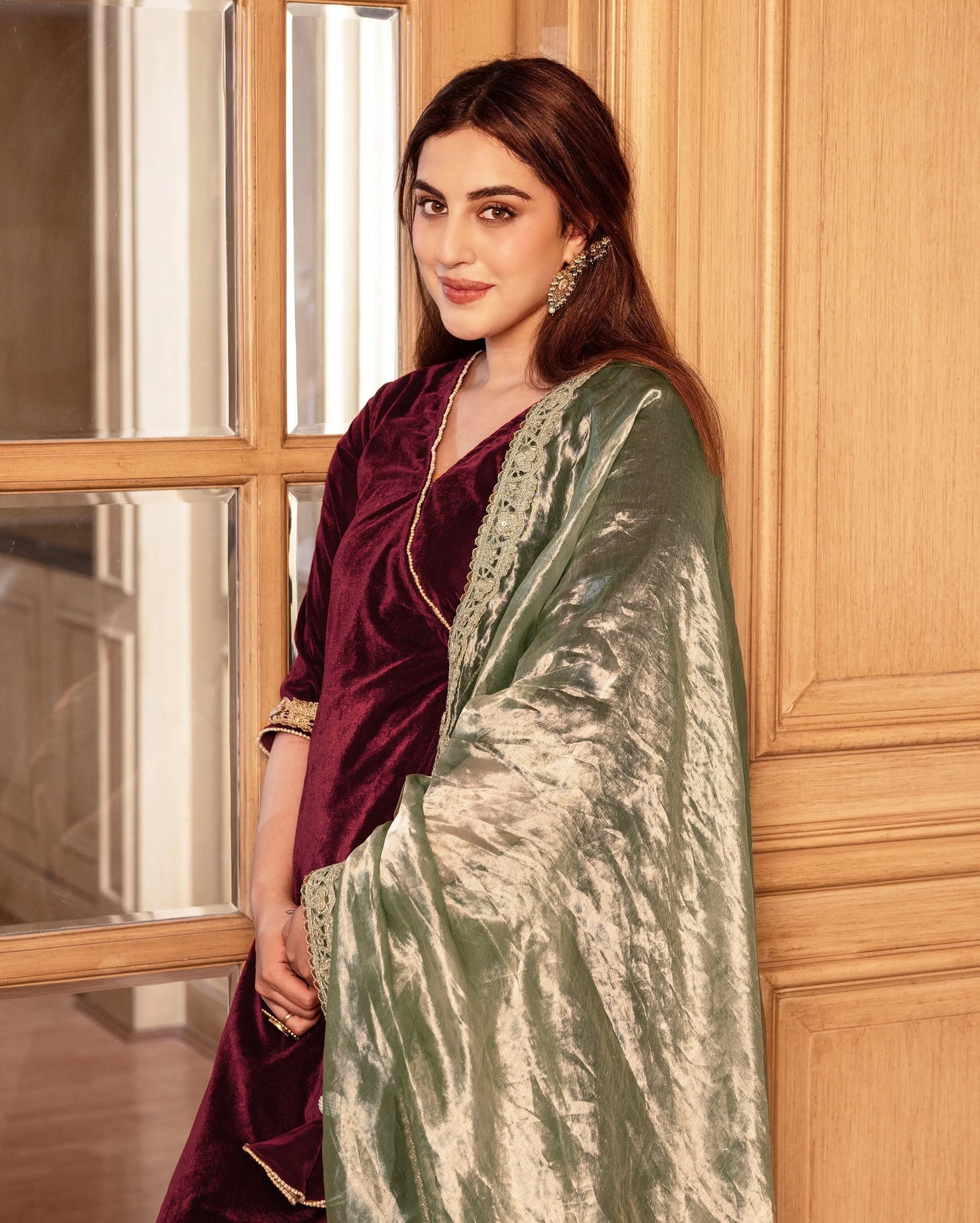 Behana Maroon Solid Velvet Suit Set My Store