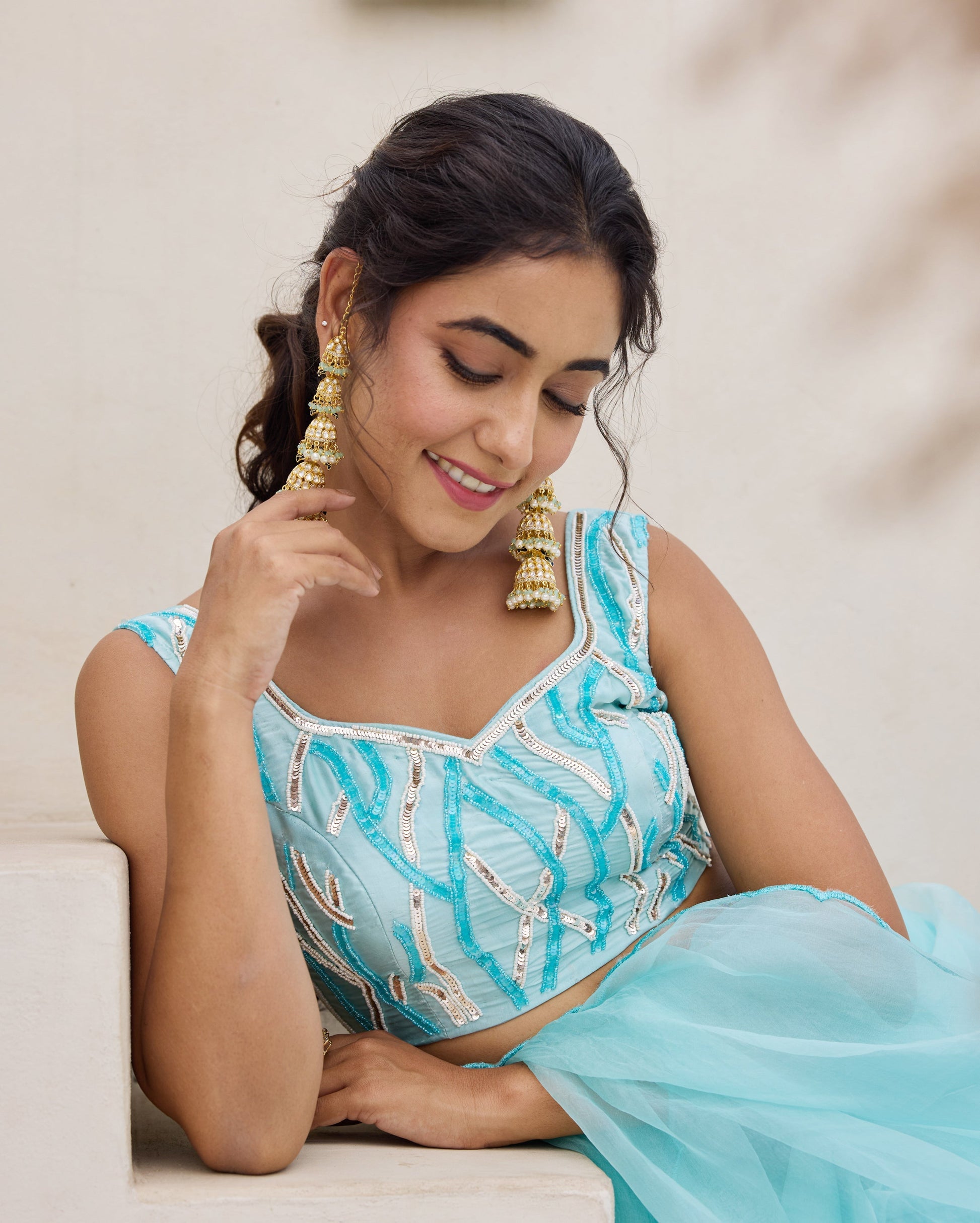 Blue Petal Satin Embroidered Blouse My Store