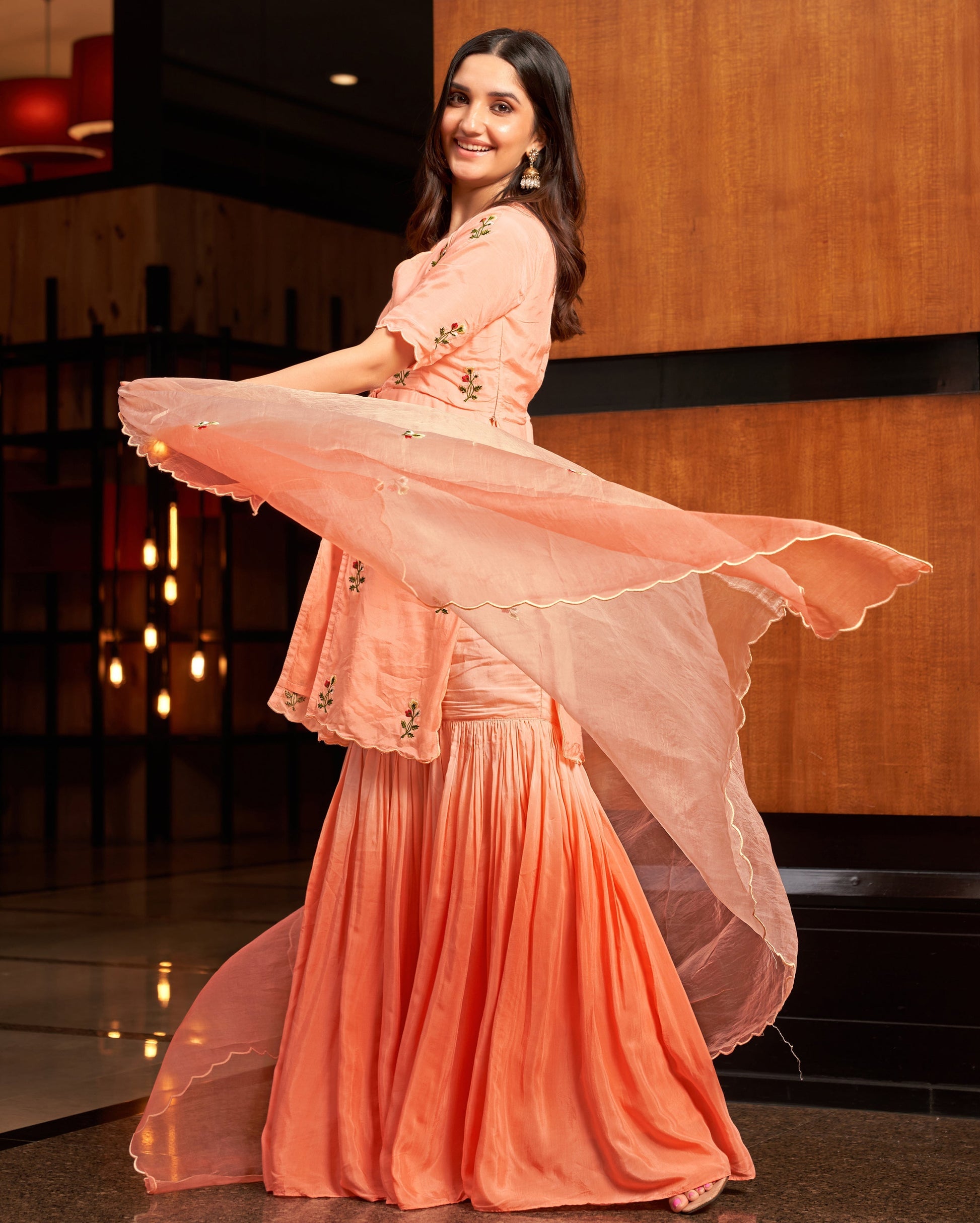 Heather Peach Embroidered Muslin Silk Sharara Set Quick Cart