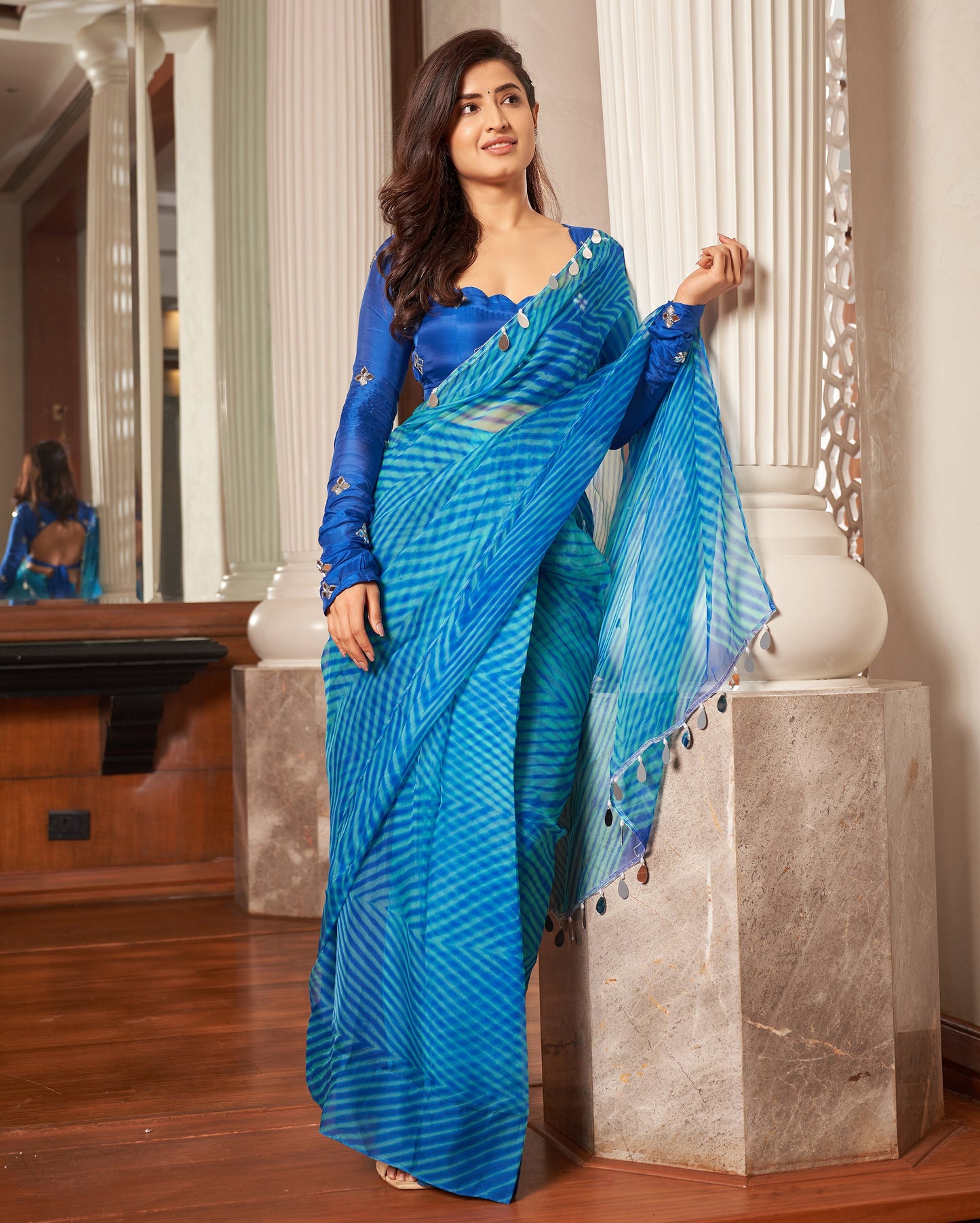 Neeru Blue Leheriya Organza Pre Draped Saree Quick Cart
