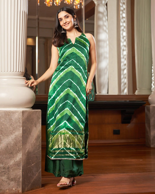 Gamha Green Leheriya Silk Kurta set My Store