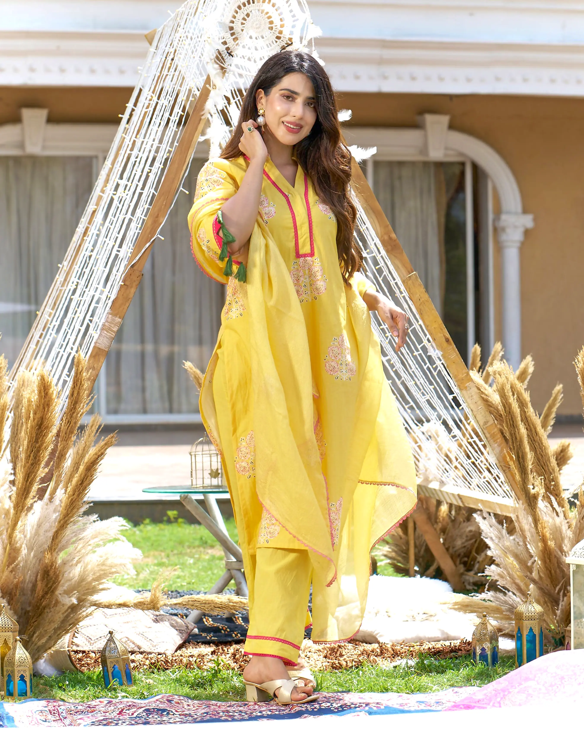 Trishika Yellow Printed Cotton Suit Set My Store