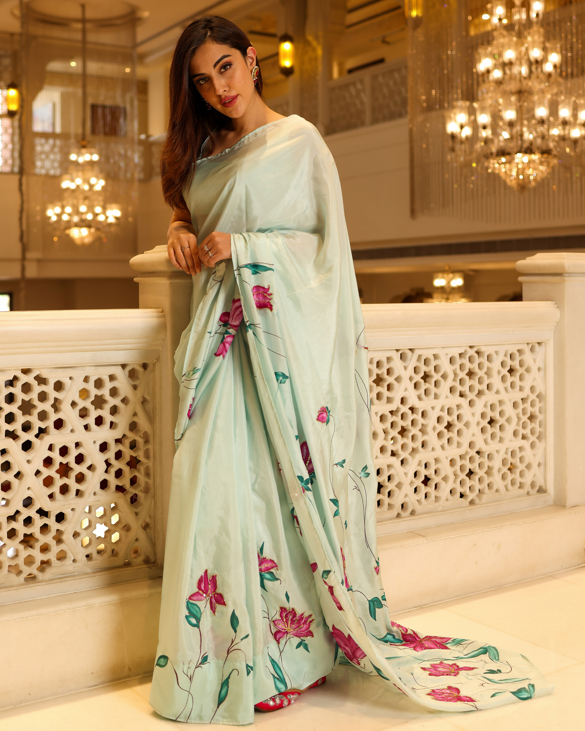 Green Cardamom Handpainted Silk Saree My Store