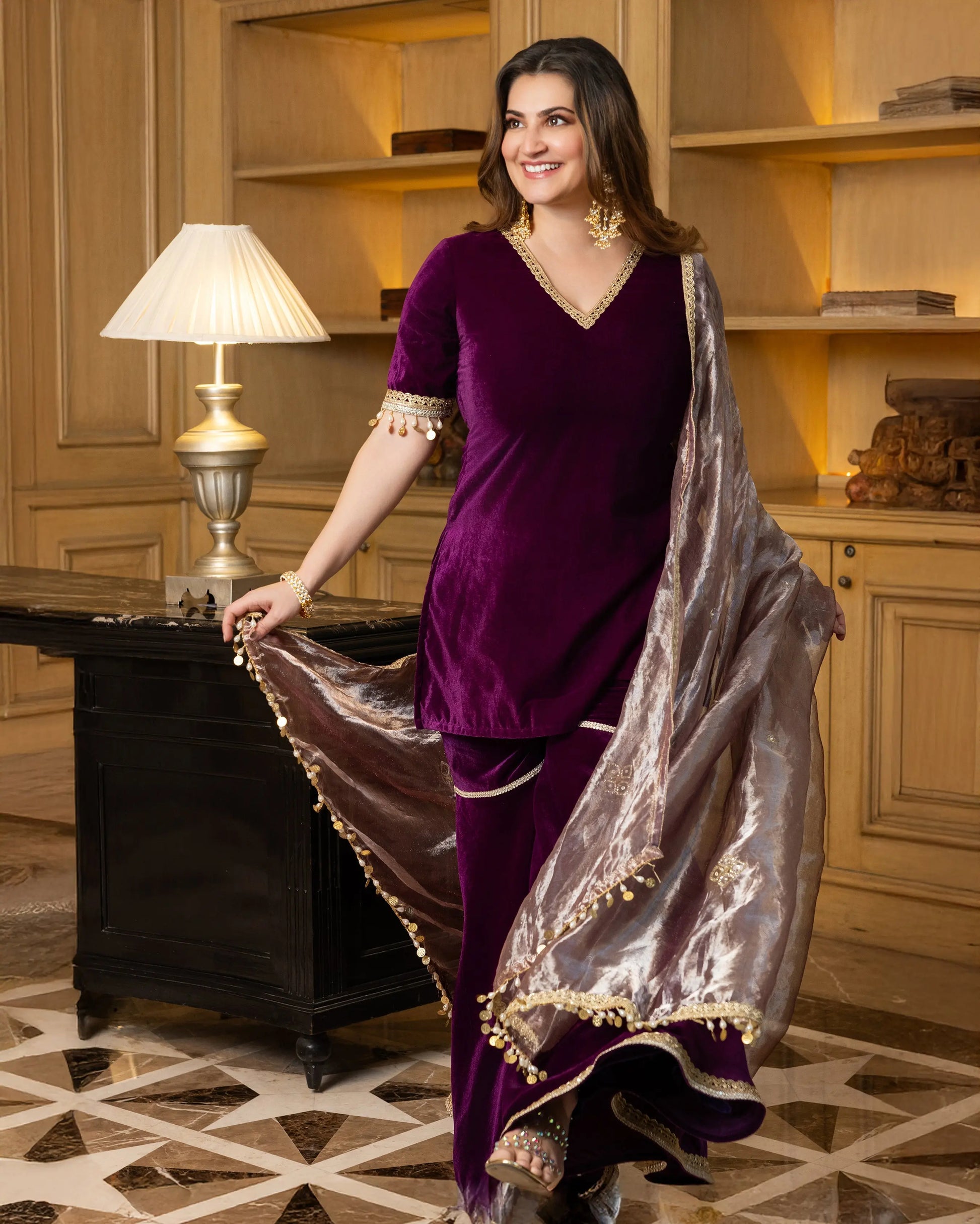 Jawahar Purple Solid Velvet Sharara Set My Store