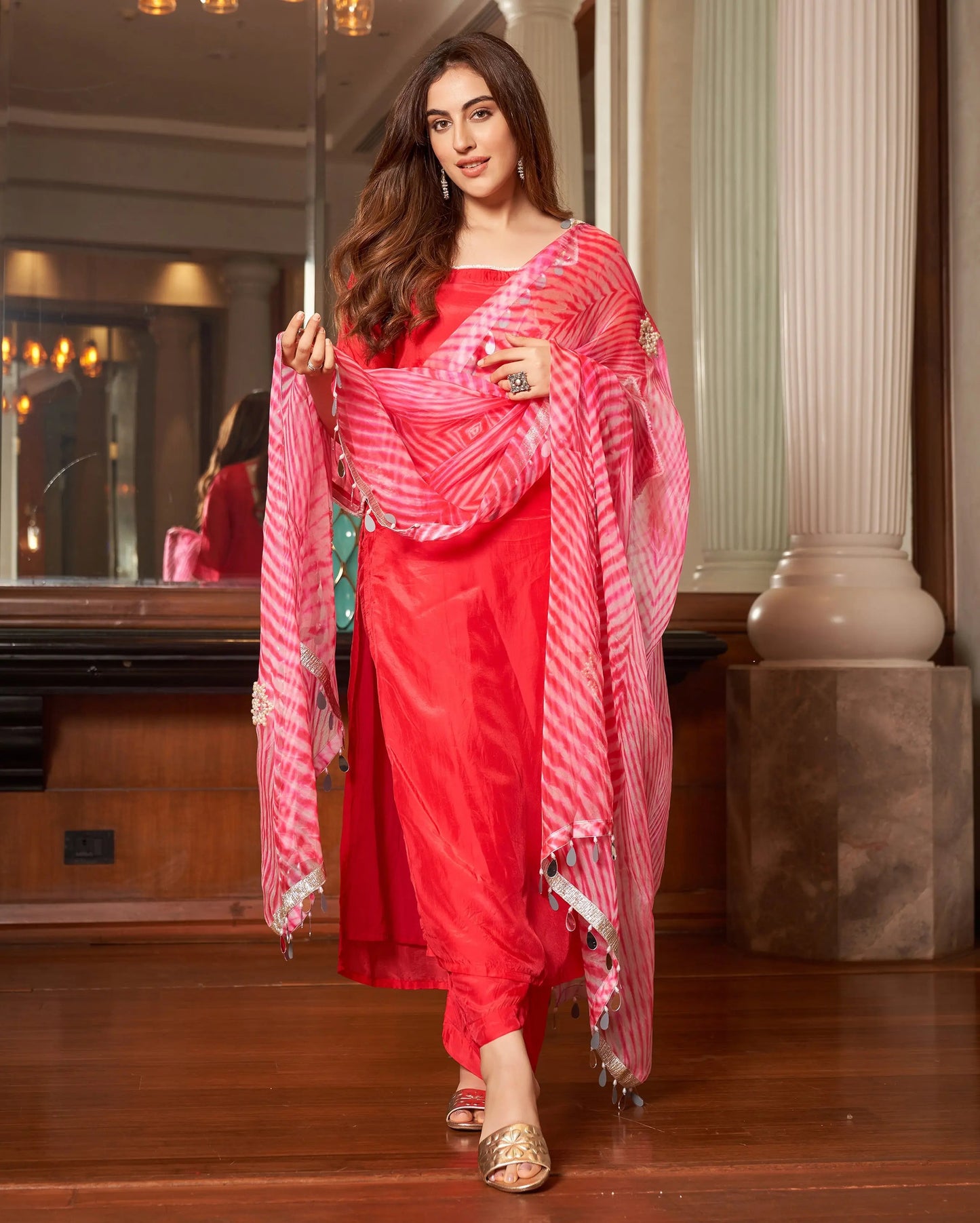 Krushi Pink Leheriya Silk Suit Set My Store