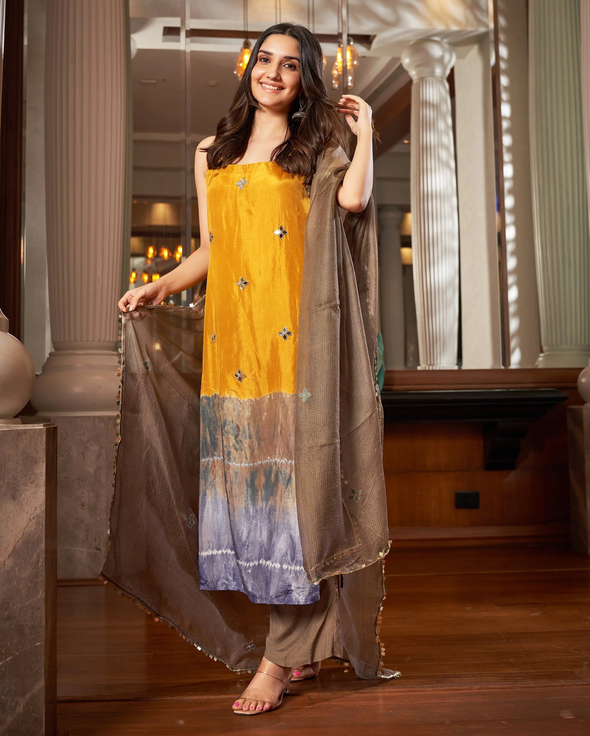 Avni Yellow Grey Tie-Dye Chanderi Suit Set My Store