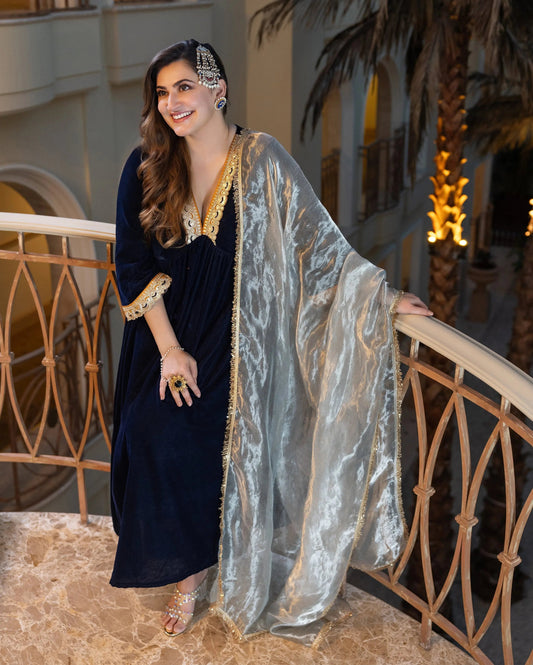 Murshid Navy Solid Velvet Suit Set My Store