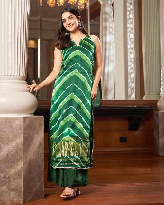 Gamha Green Leheriya Silk Kurta set Quick Cart