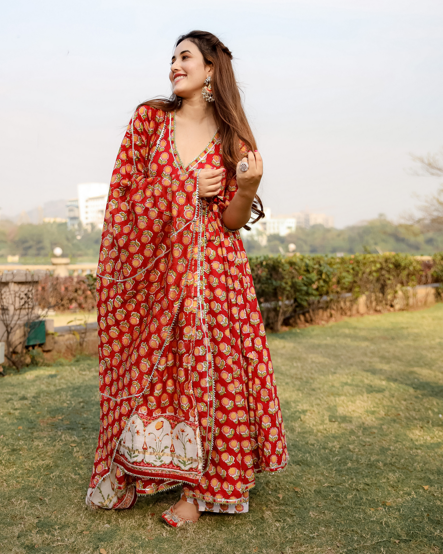 Red Rosewood Handblock Suit Set My Store