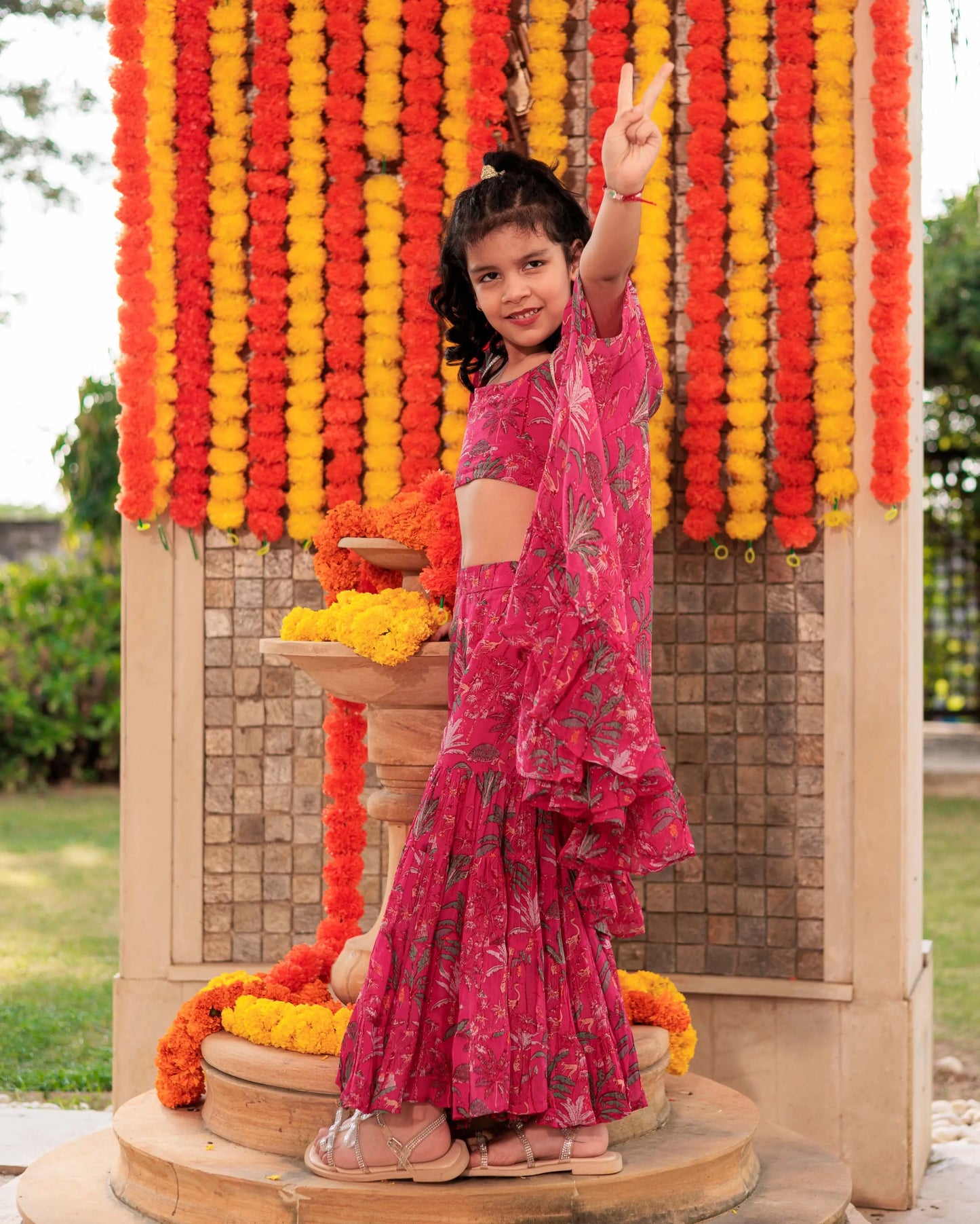 Puddle Petals Pink Georgette Cape Sharara Set My Store