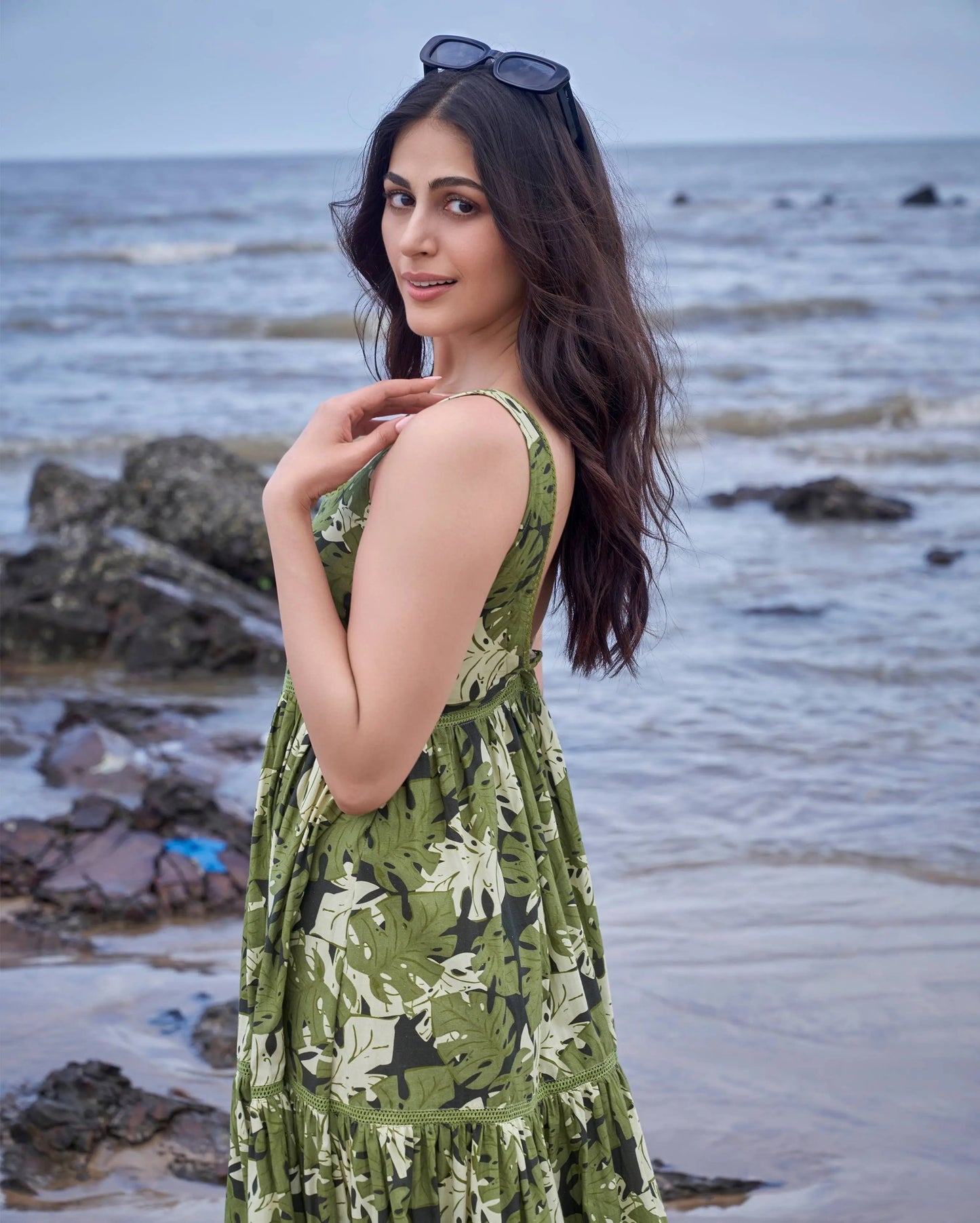 Tropical Dark Green Printed Cotton Dress My Store