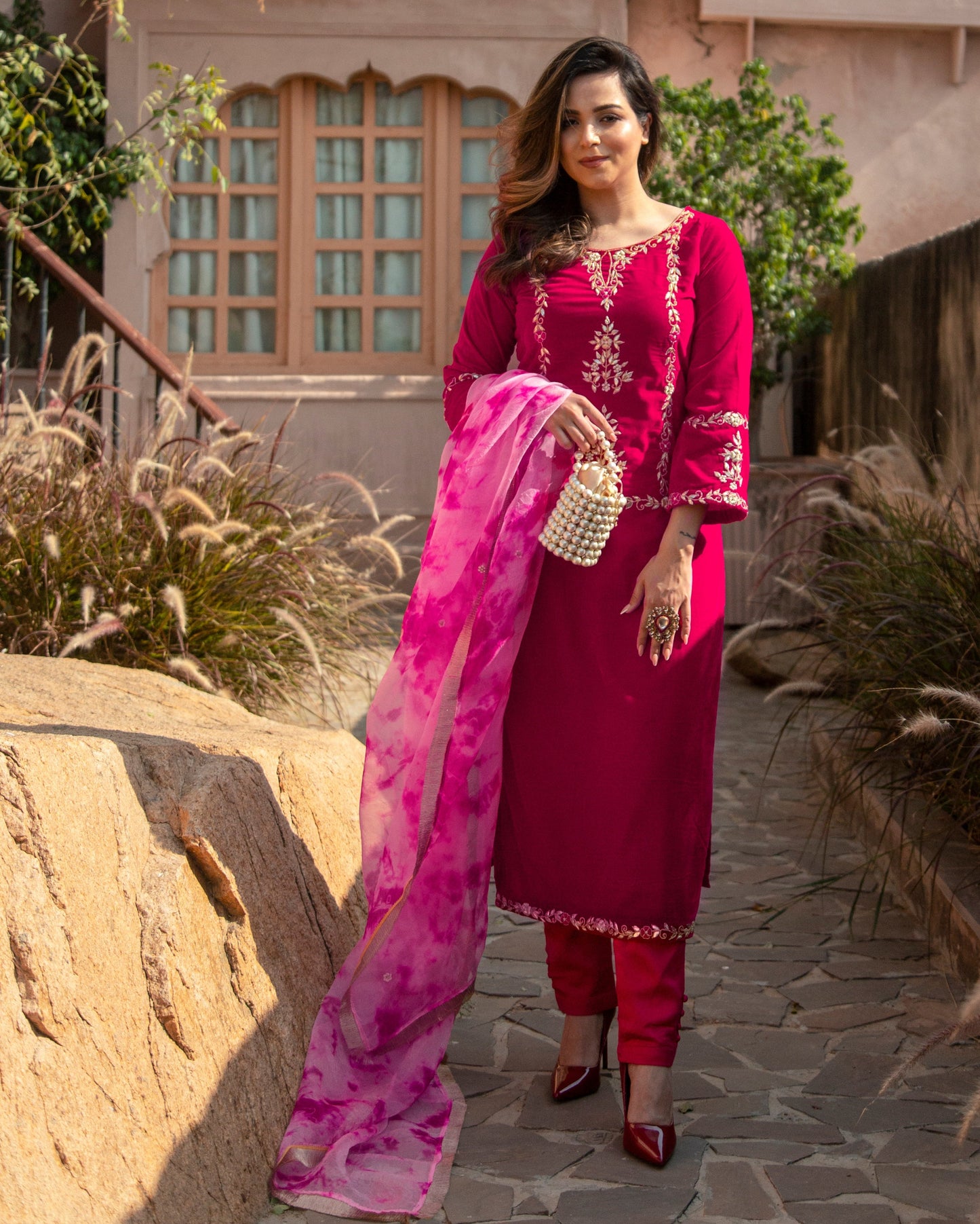 Pink Paradise Velvet Handcrafted Suit Set Quick Cart