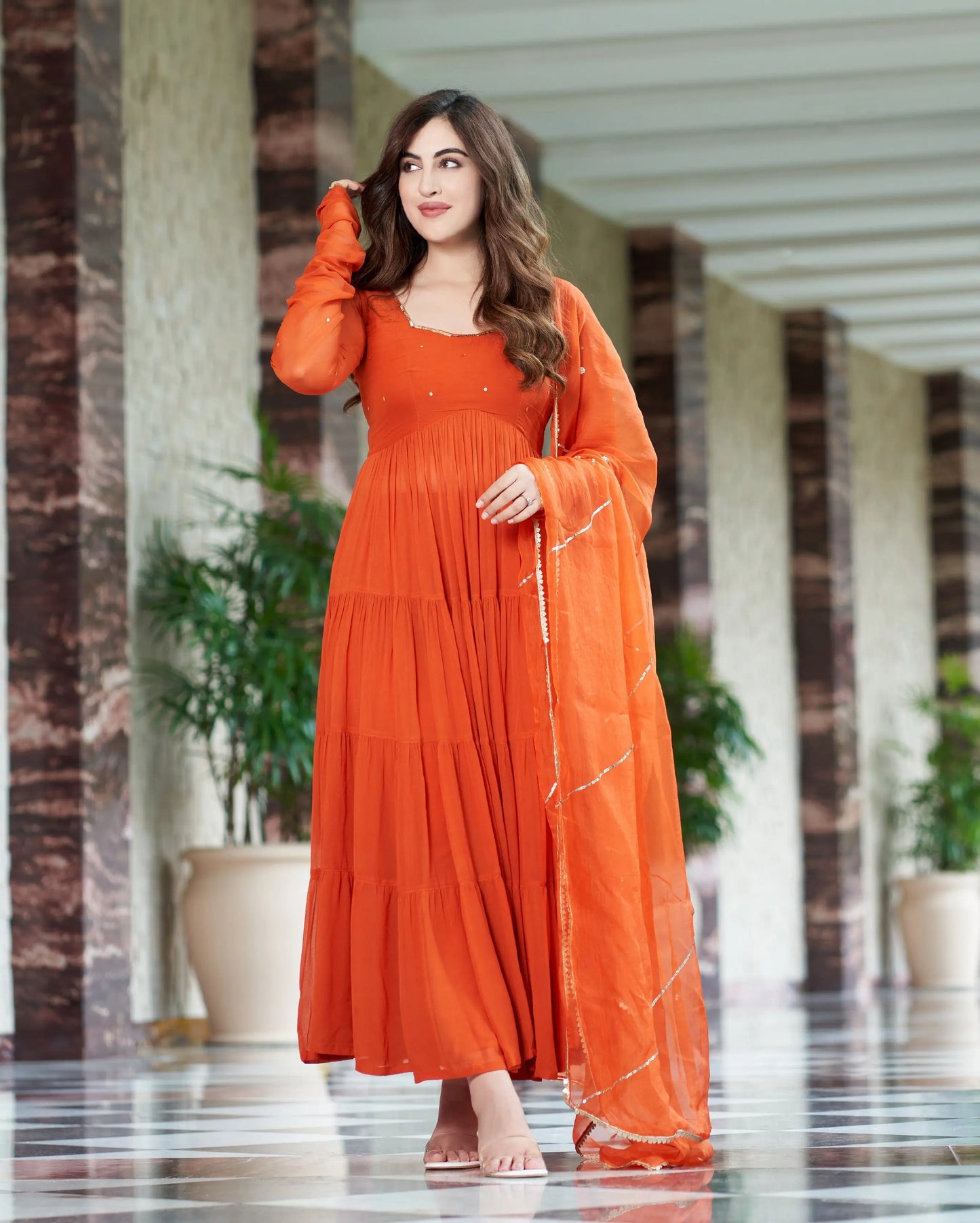 Rachna Orange Embroidered Georgette Suit Set My Store
