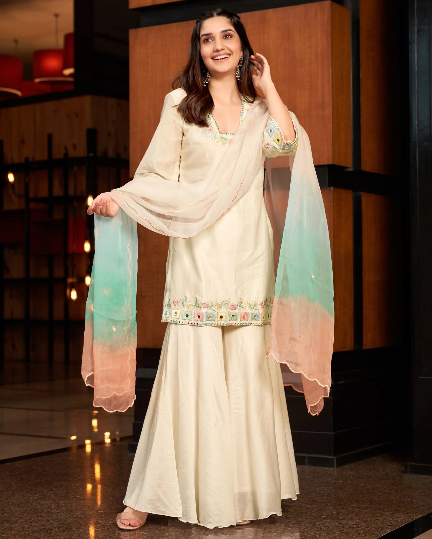 Raas White Embroidered Chanderi Sharara set My Store