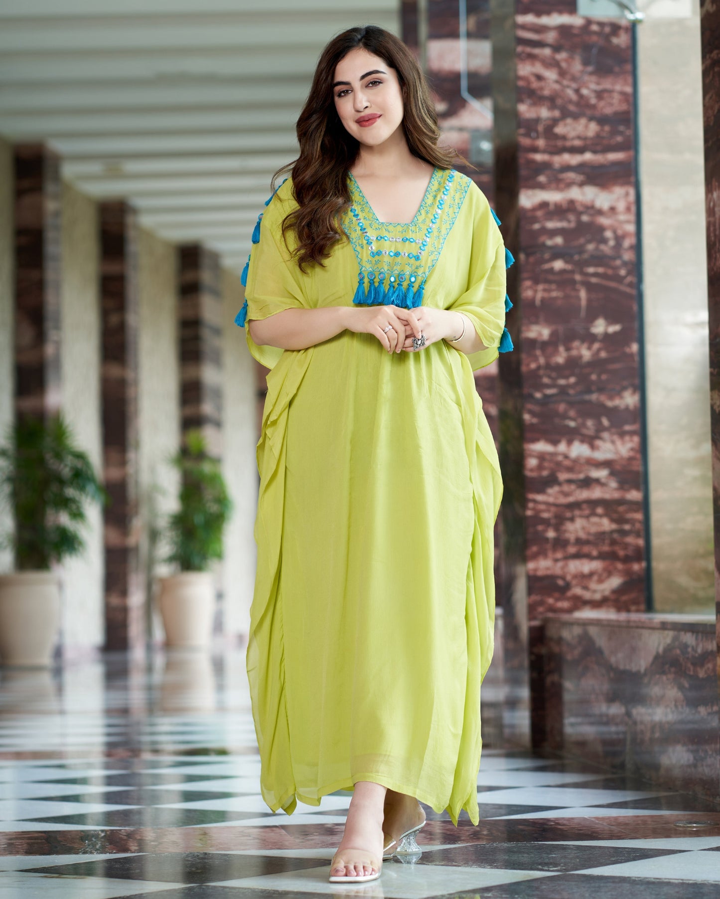 Meera Neon Green Embroidered Chinon Kaftan Quick Cart