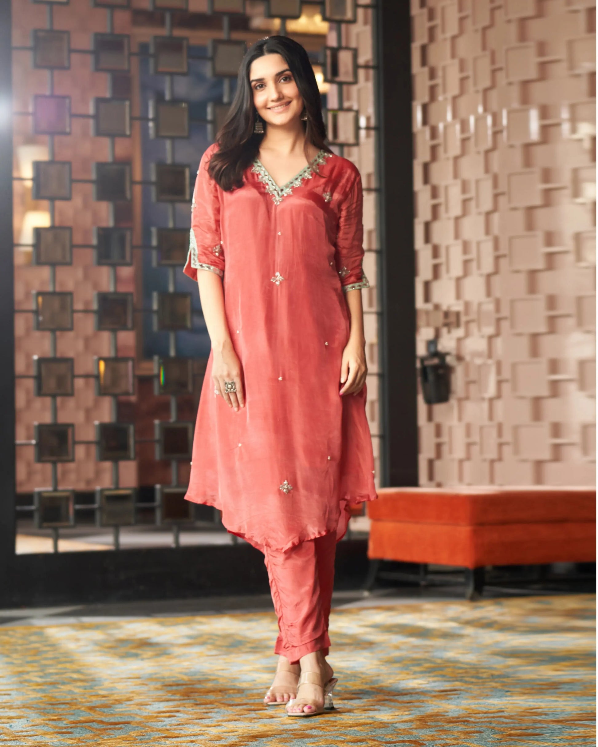 Gorya RoseGold Embroidered Silk Kurta Set My Store