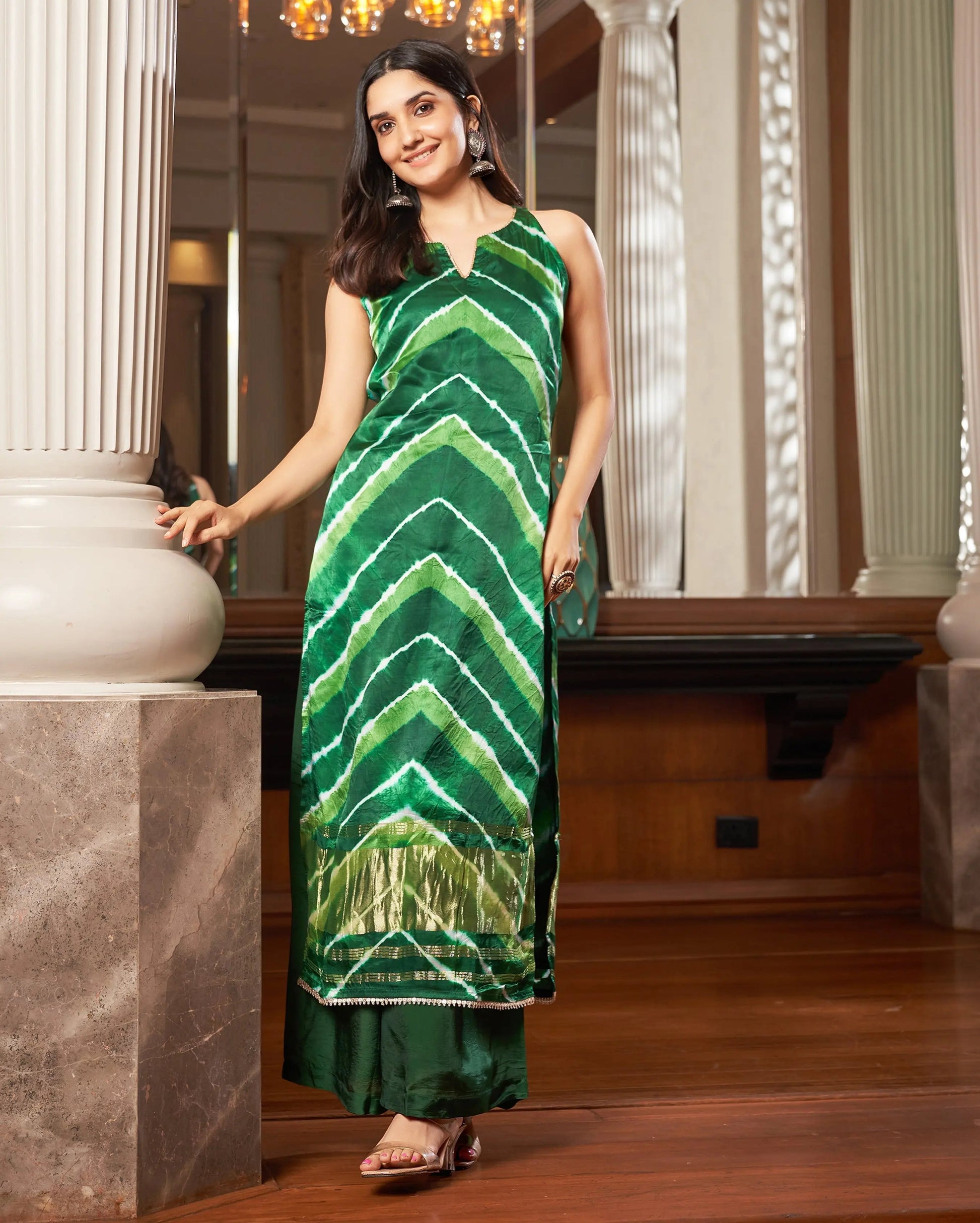 Gamha Green Leheriya Silk Kurta set My Store