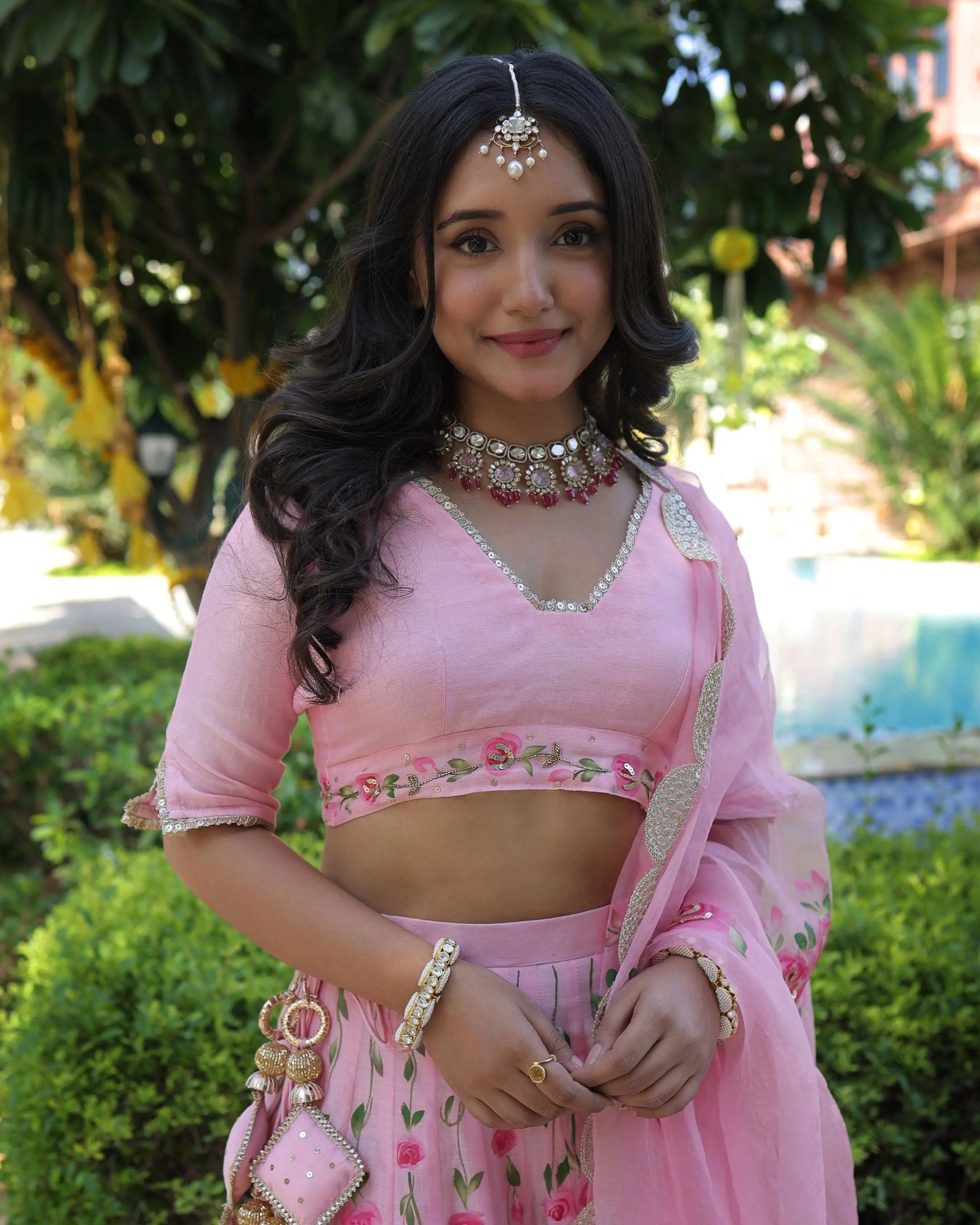 Dewberry Pink Handpainted Chanderi Lehenga Set My Store