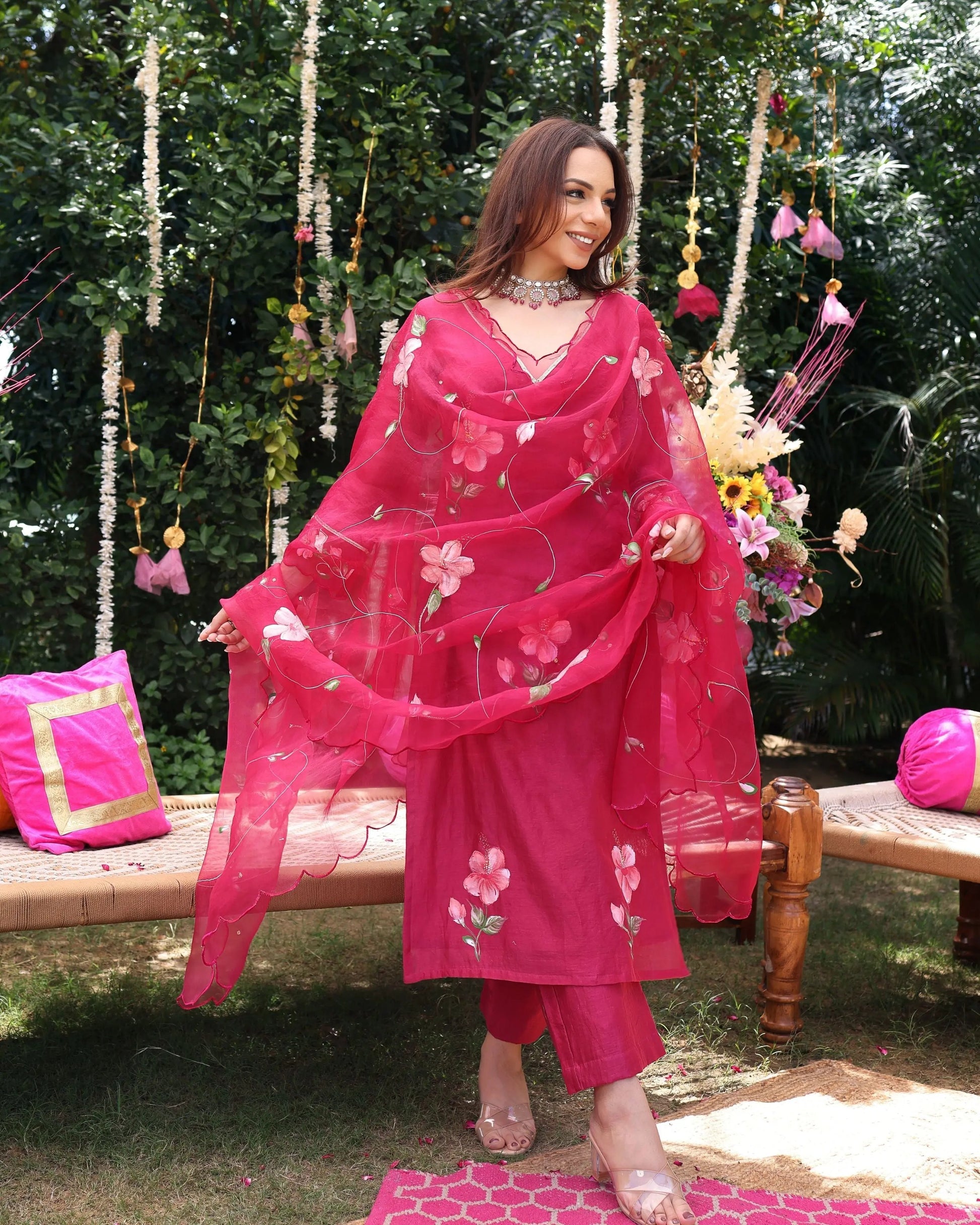 Berry Bliss Magenta Handpainted Chanderi Suit Set My Store