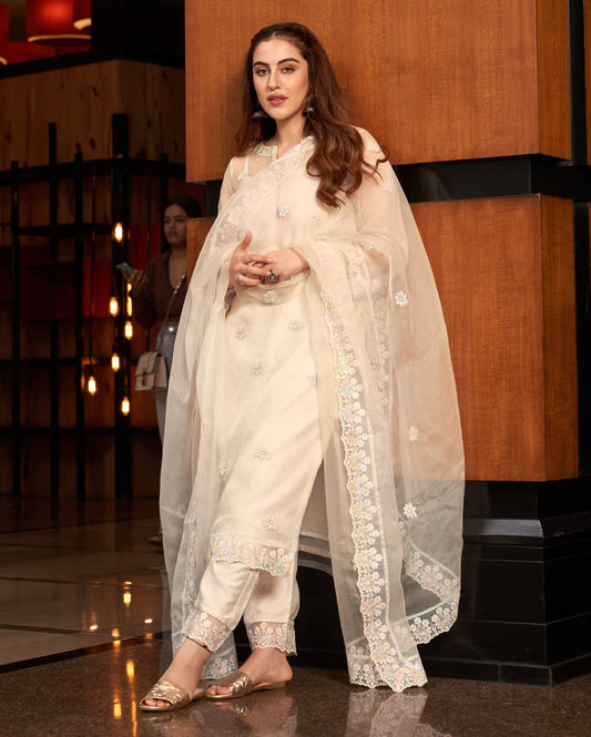 Pratha White Embroidered Organza Suit Set Quick Cart