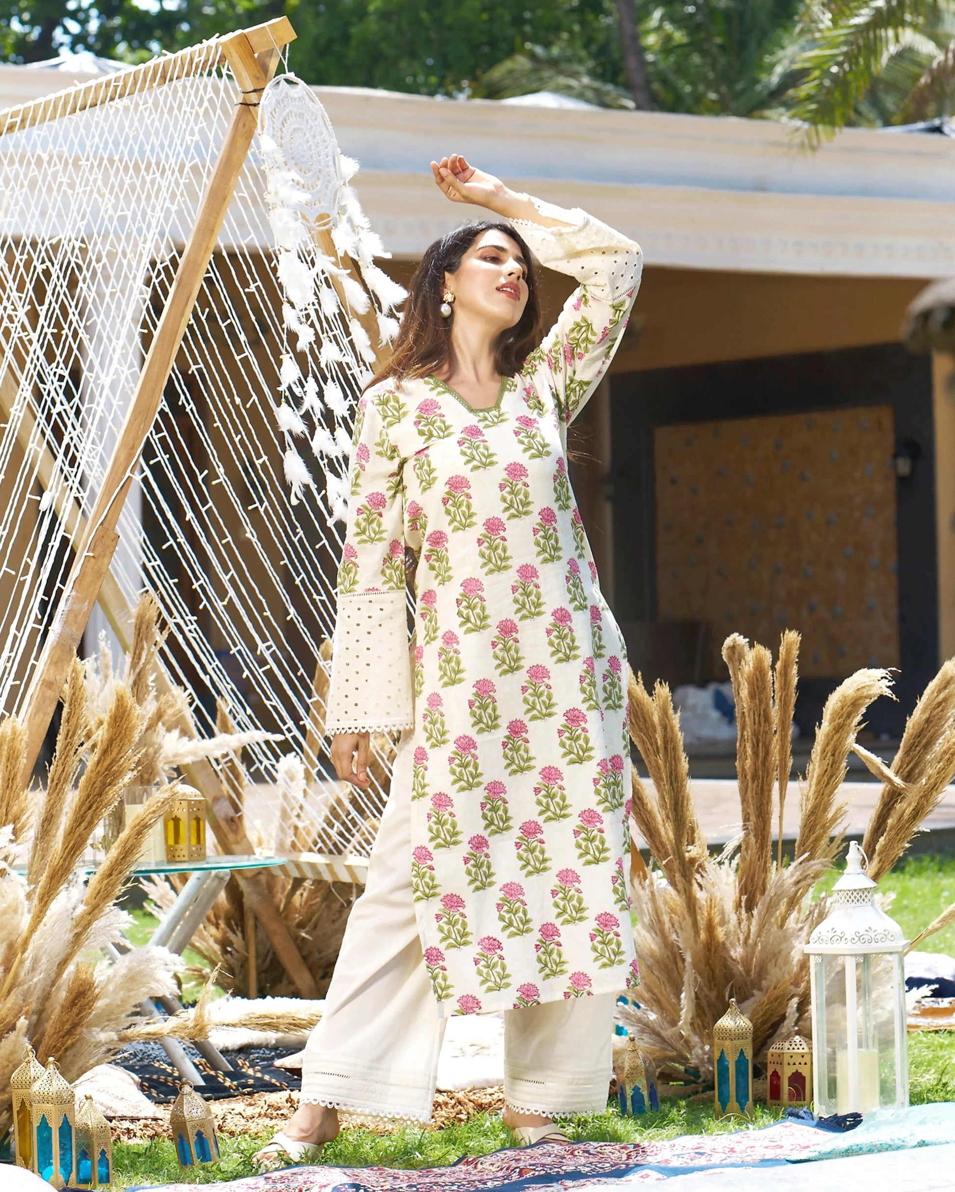 Ravishing Cream Printed Cotton Kurta Set My Store