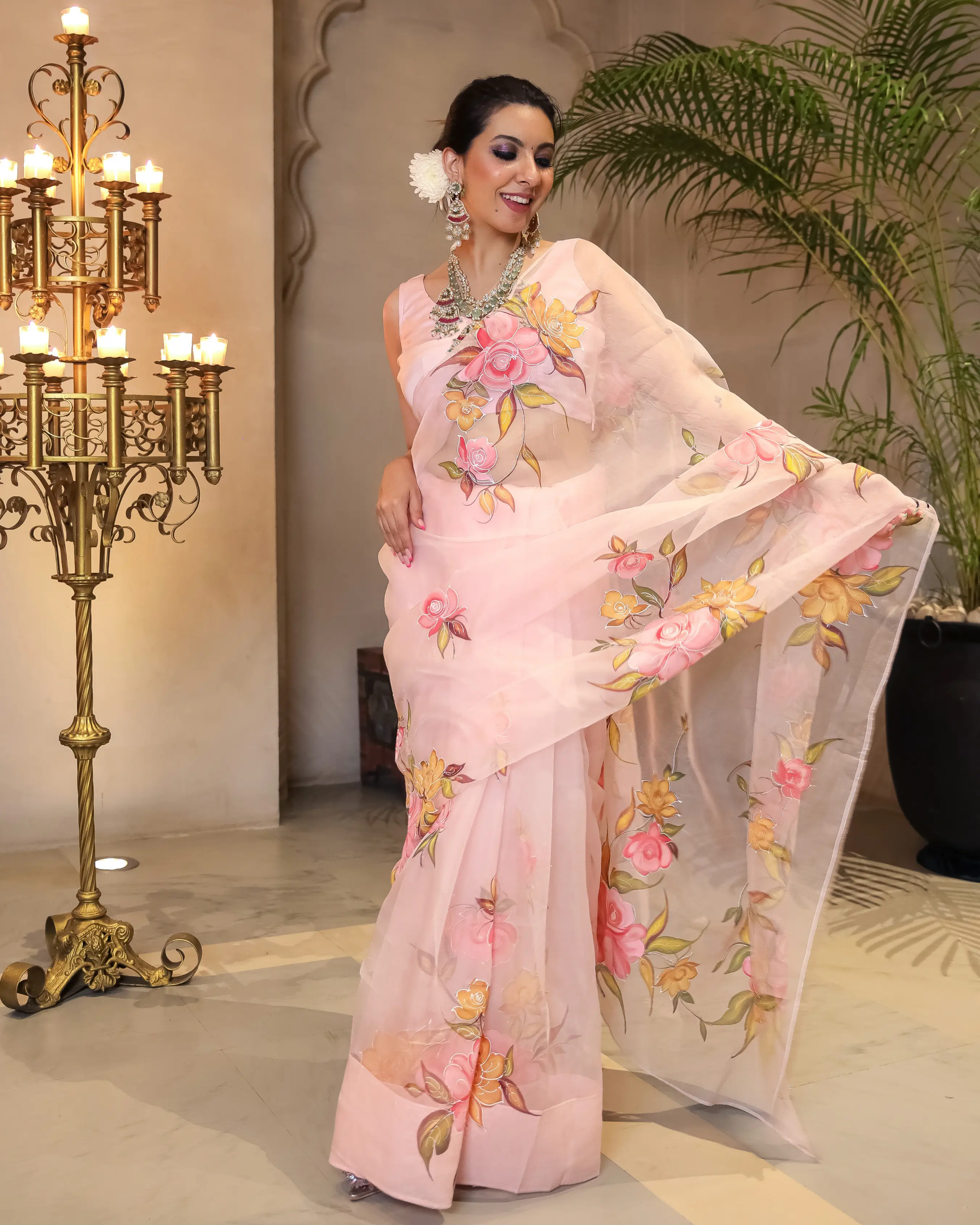 Peach Aura Embellished Handpainted Organza Silk Saree My Store