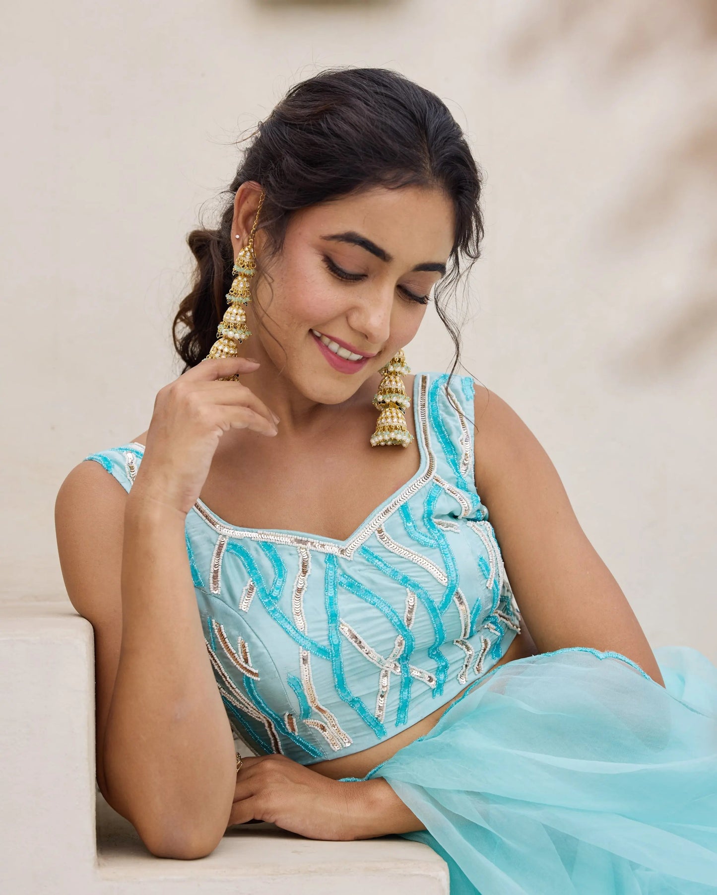 Blue Petal Satin Embroidered Blouse My Store