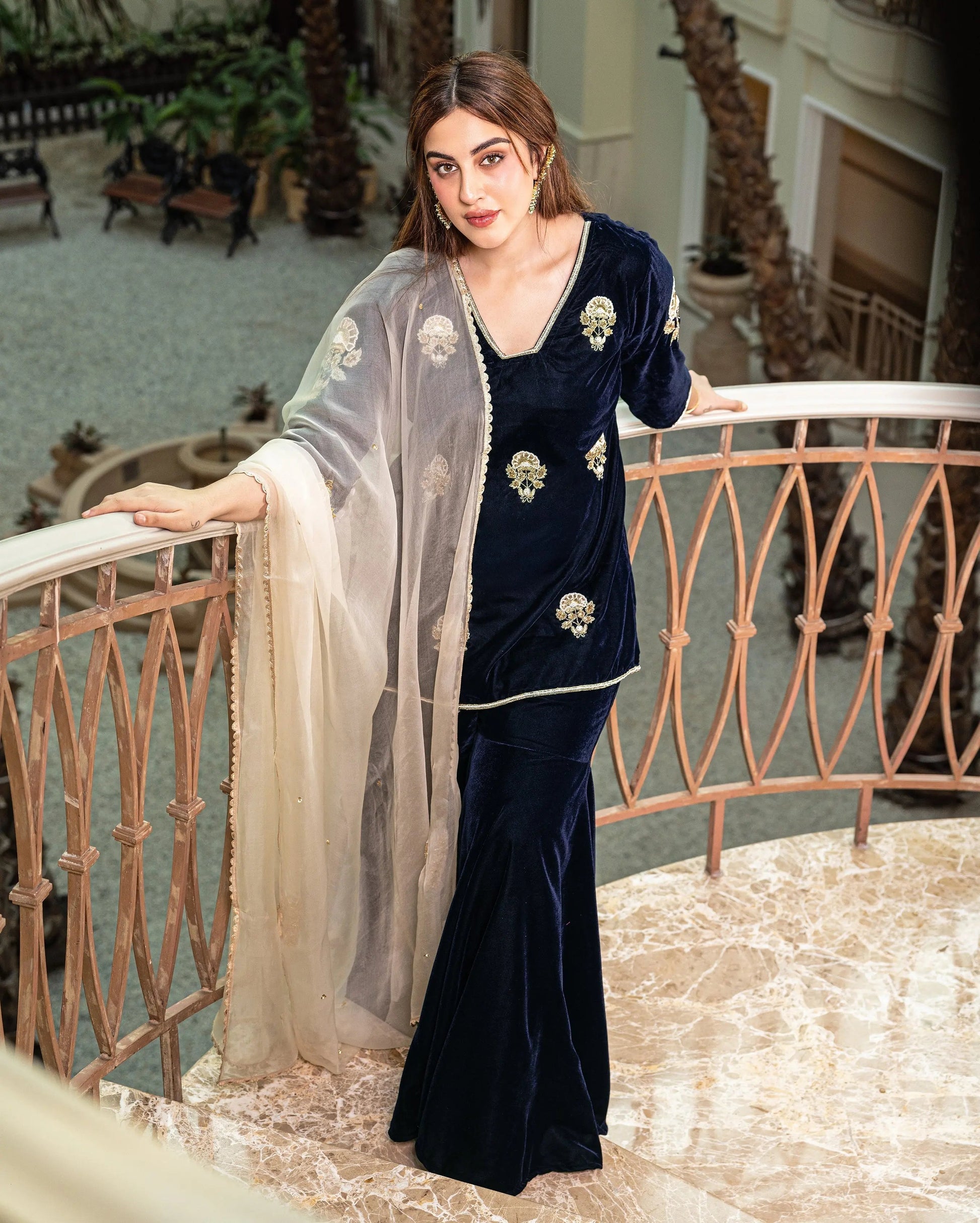 Nihayat Navy Embroidered Velvet Sharara Set My Store