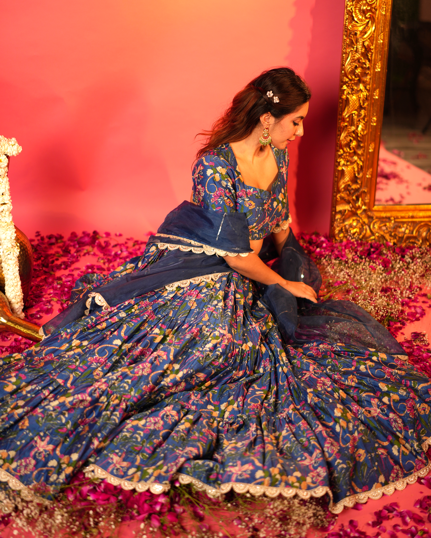 Neelam Blue Printed Chanderi Lehenga Set My Store